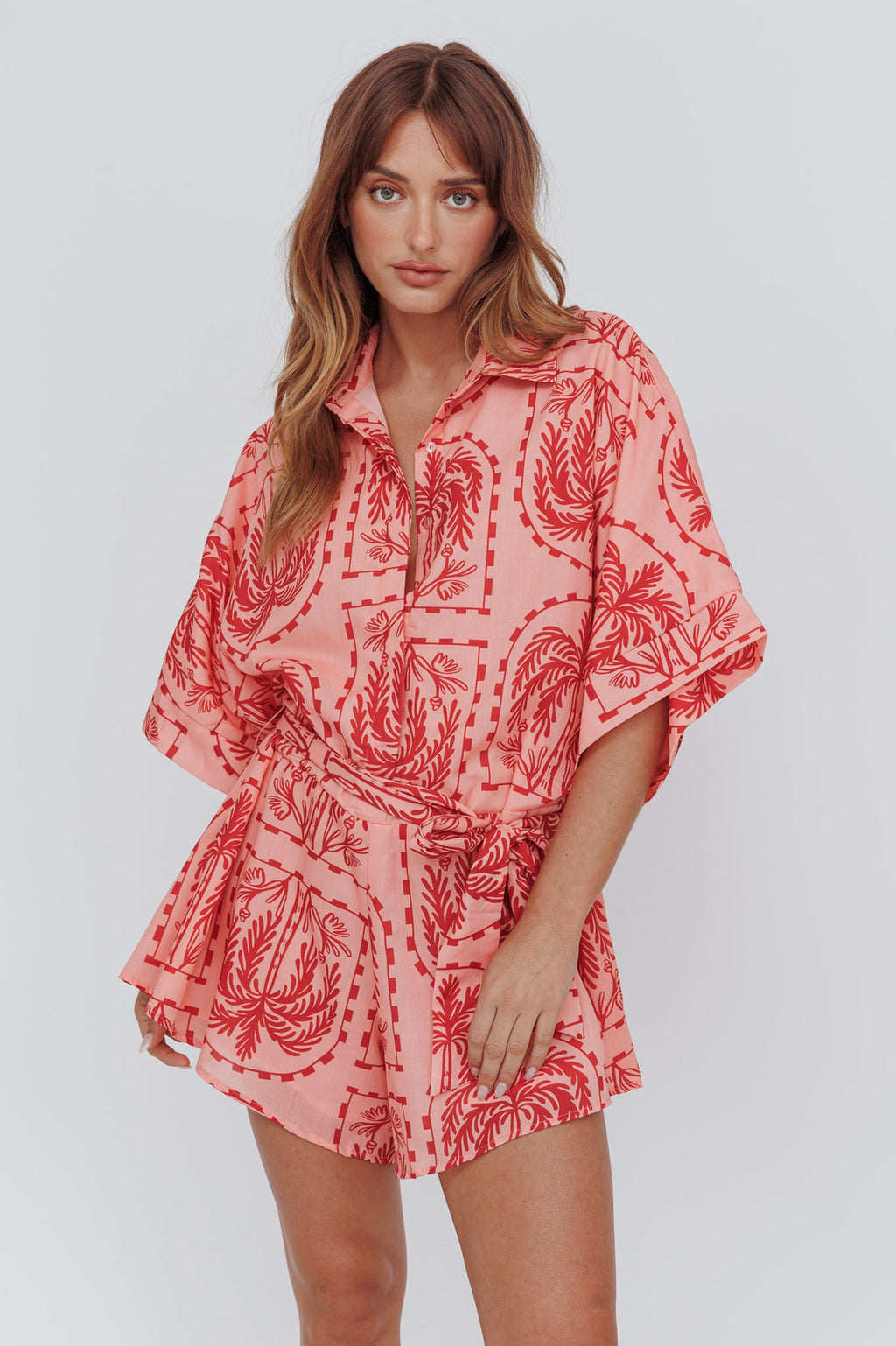 Daytona Beach Button-Up Romper Print Peach by Selfie Leslie Australia