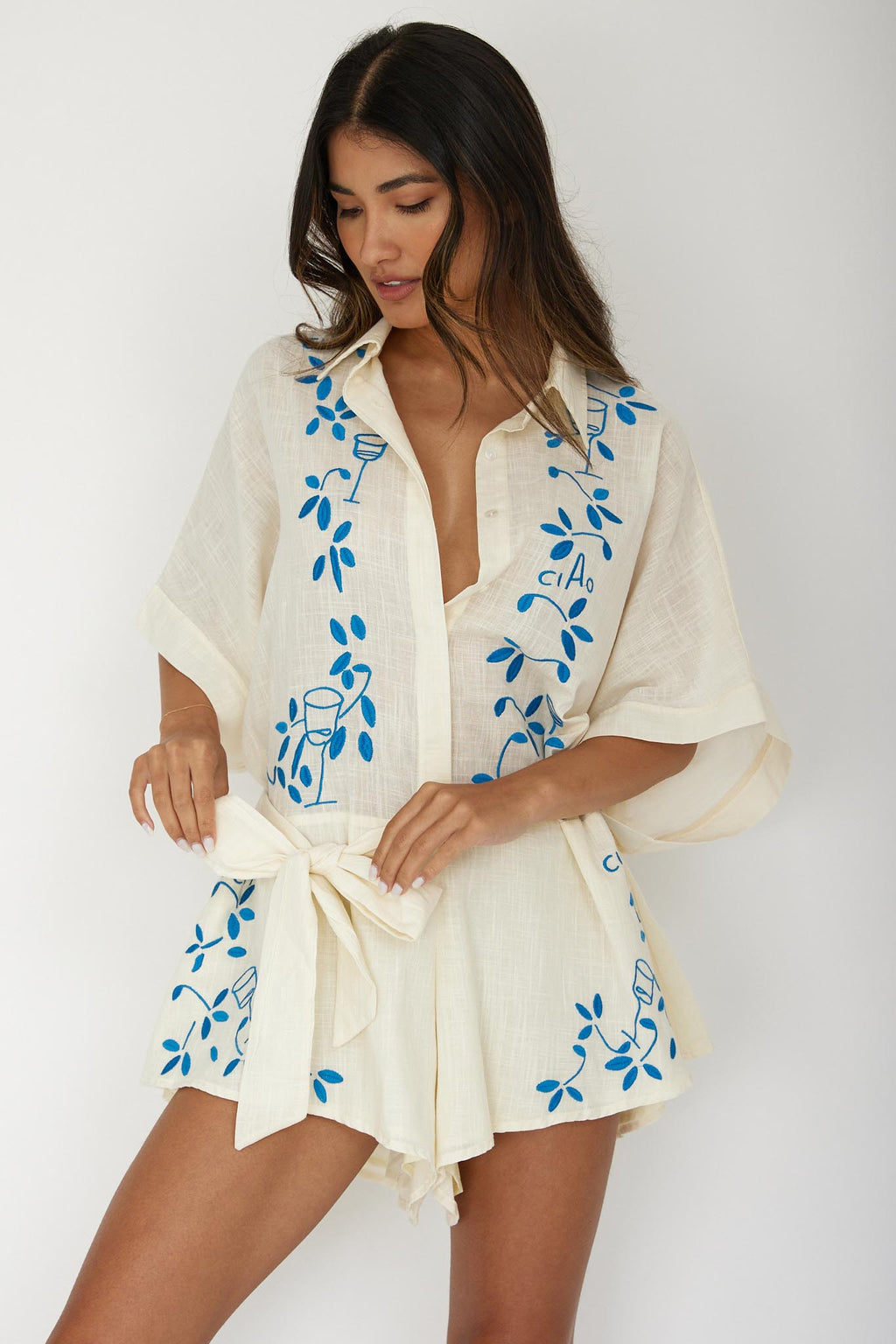 Daytona Beach Button-Up Romper Embroidered Beige by Selfie Leslie Australia