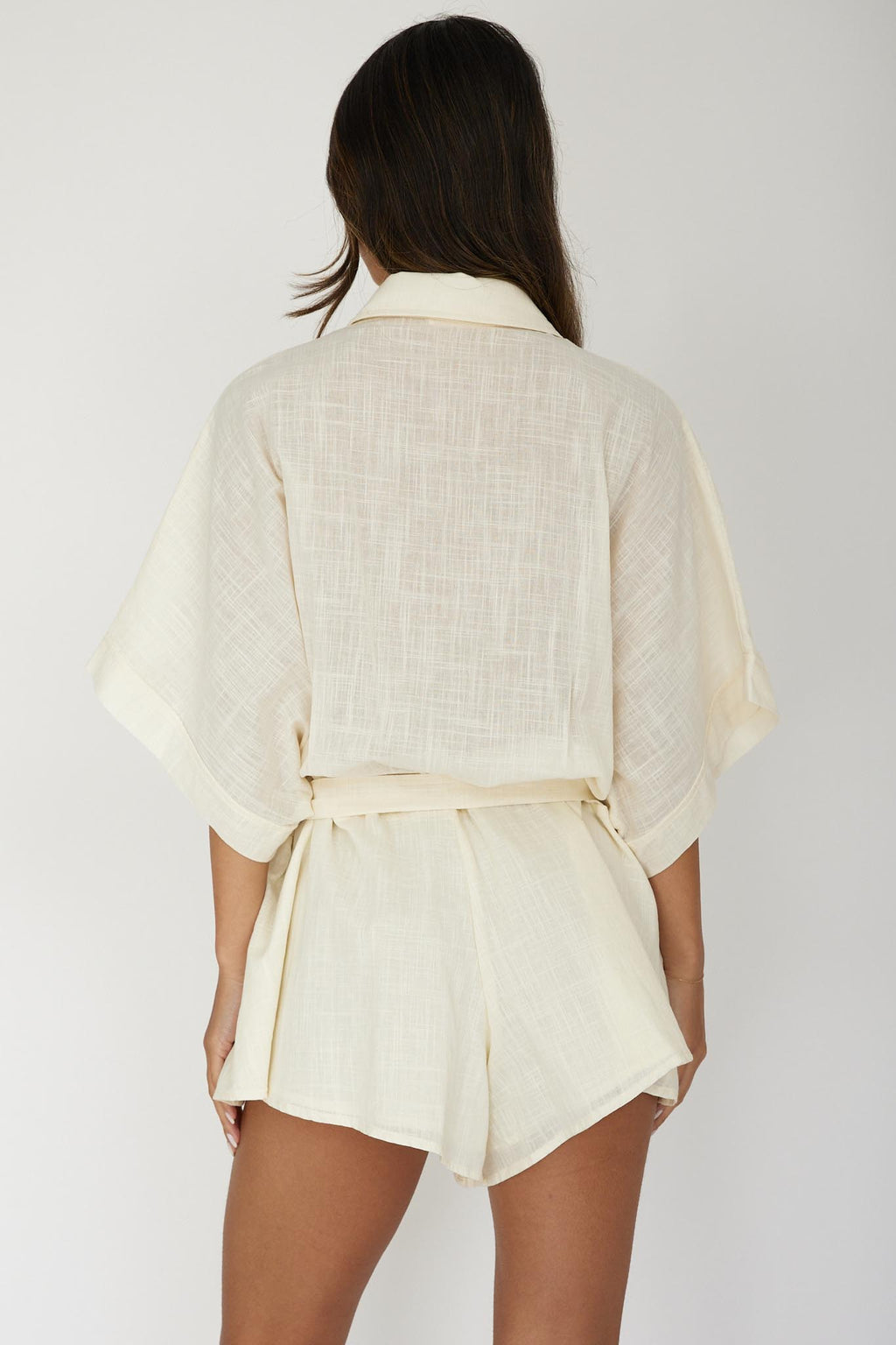 Daytona Beach Button-Up Romper Embroidered Beige by Selfie Leslie Australia