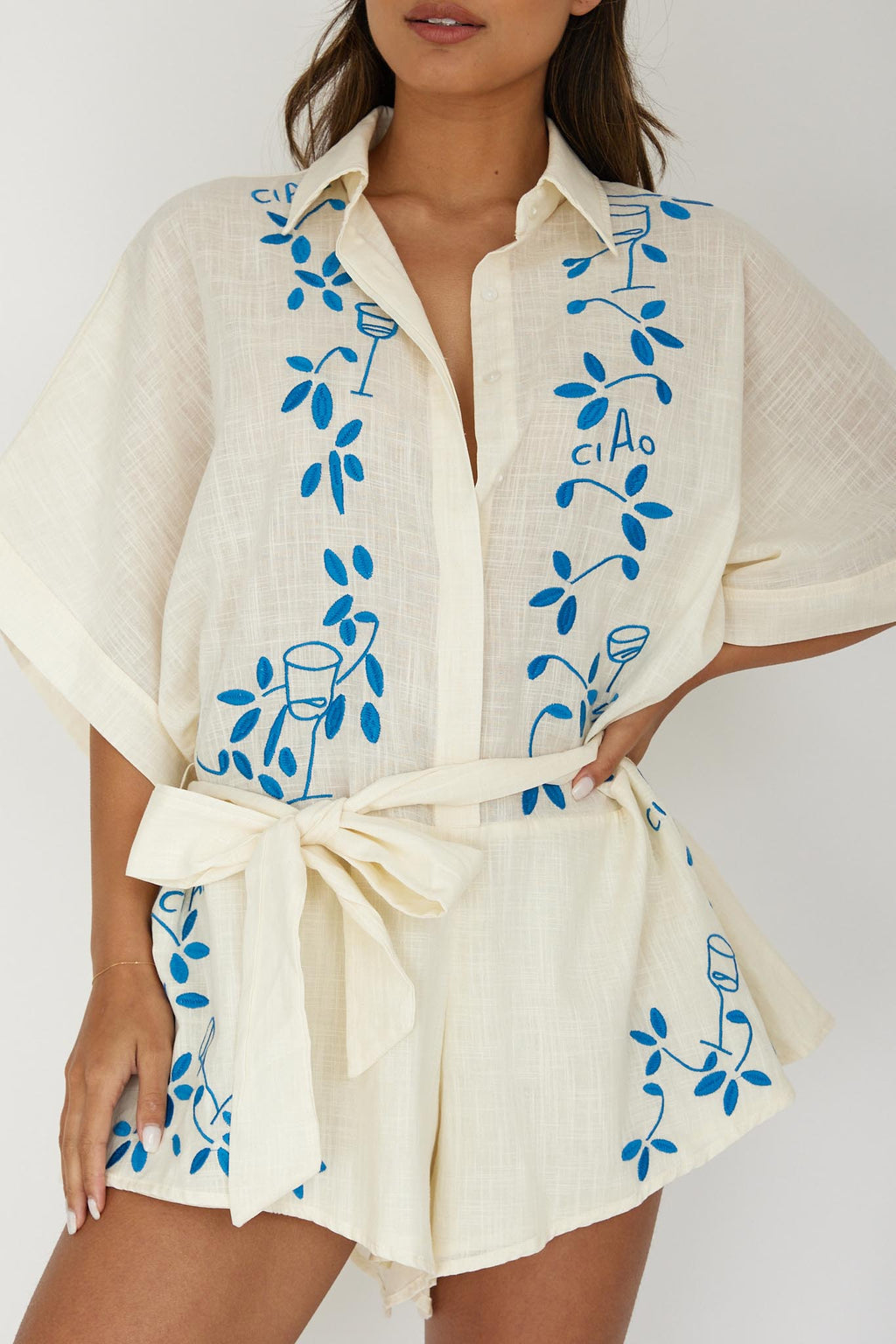 Daytona Beach Button-Up Romper Embroidered Beige by Selfie Leslie Australia