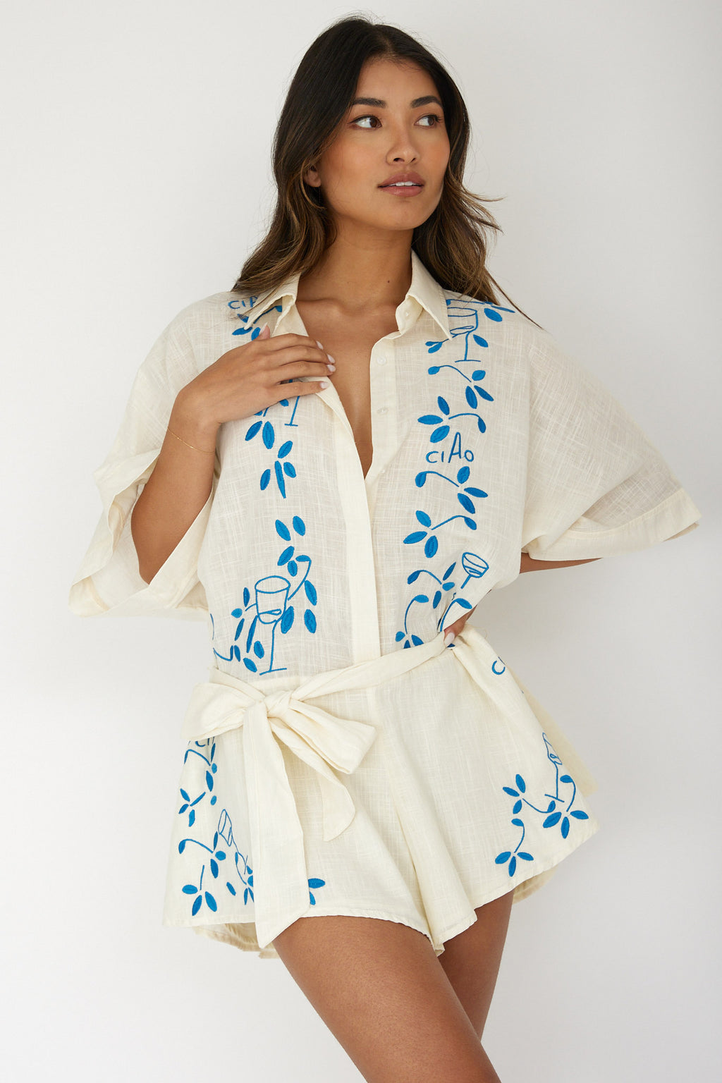 Daytona Beach Button-Up Romper Embroidered Beige by Selfie Leslie Australia