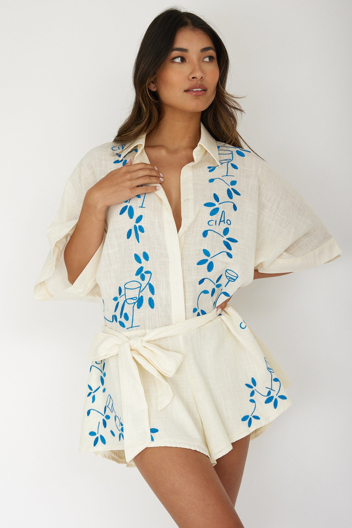 Daytona Beach Button-Up Romper Embroidered Beige by Selfie Leslie Australia