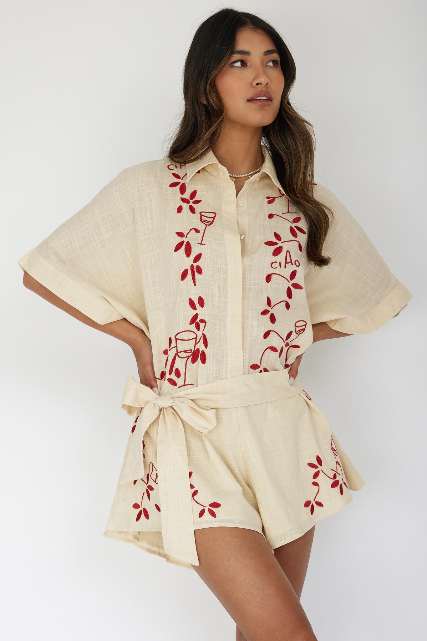 Daytona Beach Button-Up Romper Embroidered Oat by Selfie Leslie Australia