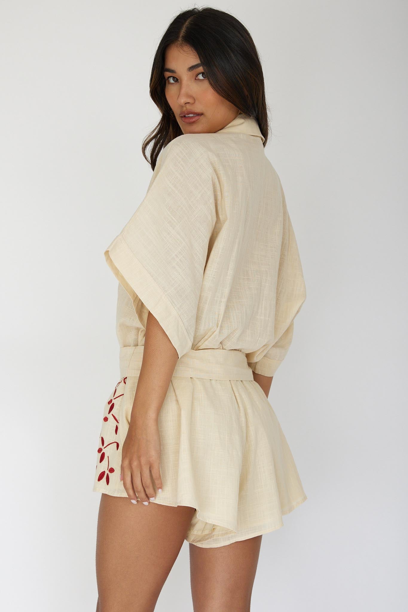 Daytona Beach Button-Up Romper Embroidered Oat by Selfie Leslie Australia