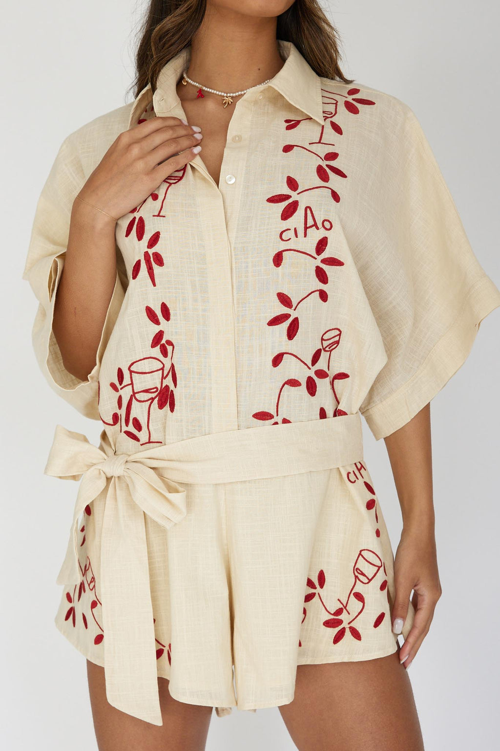 Daytona Beach Button-Up Romper Embroidered Oat by Selfie Leslie Australia