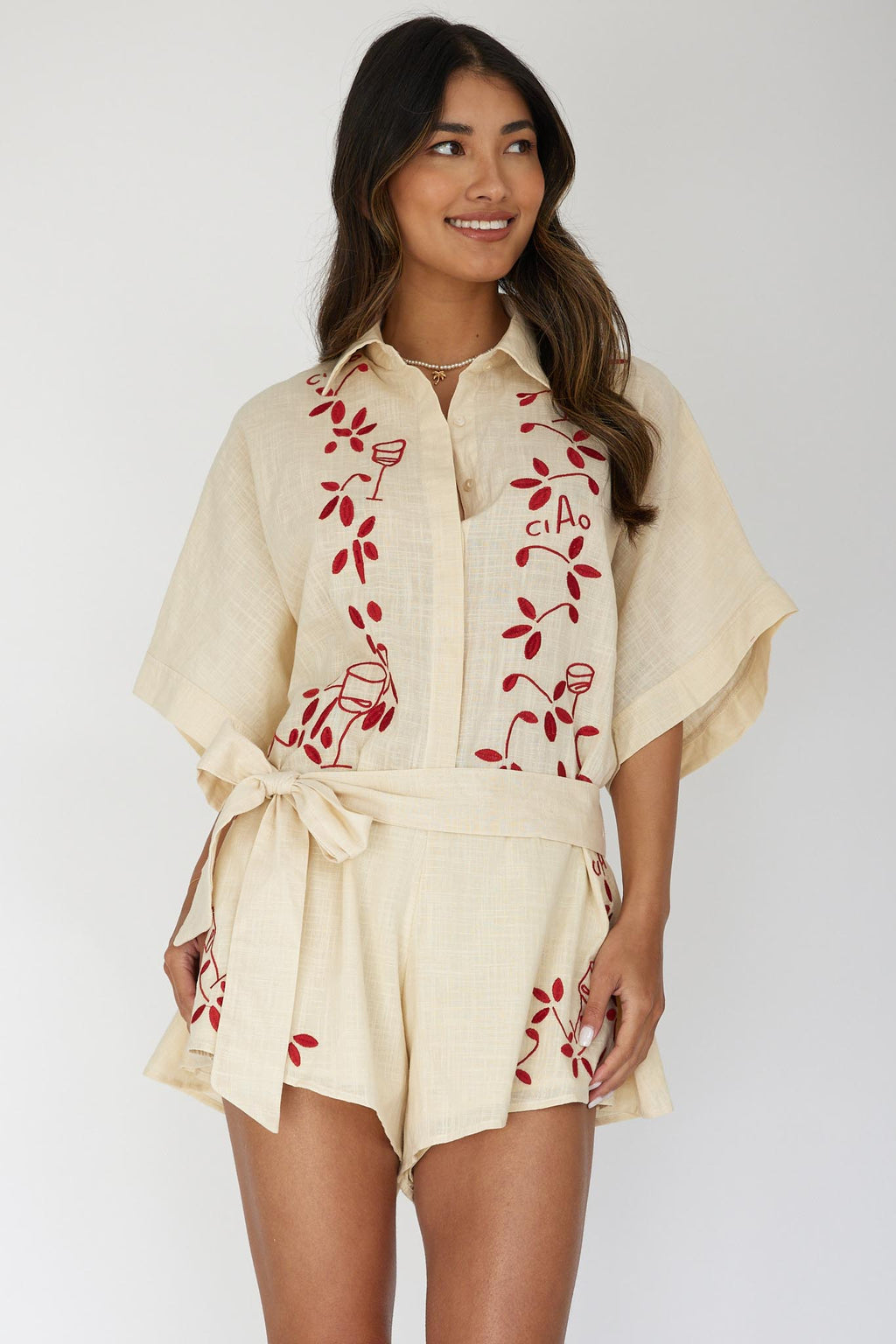 Daytona Beach Button-Up Romper Embroidered Oat by Selfie Leslie Australia