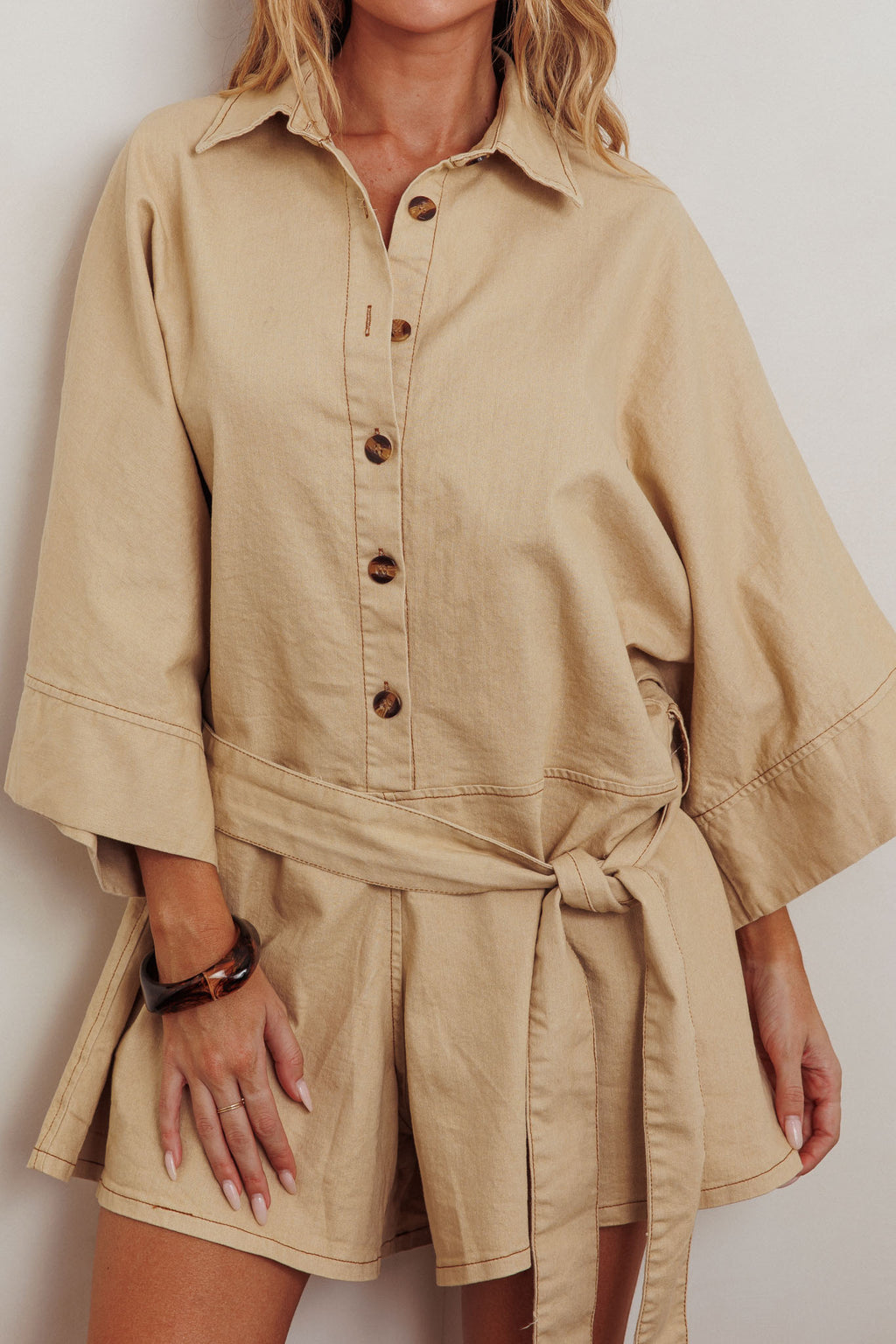 Daytona Beach Button-Up Romper Beige by Selfie Leslie Australia