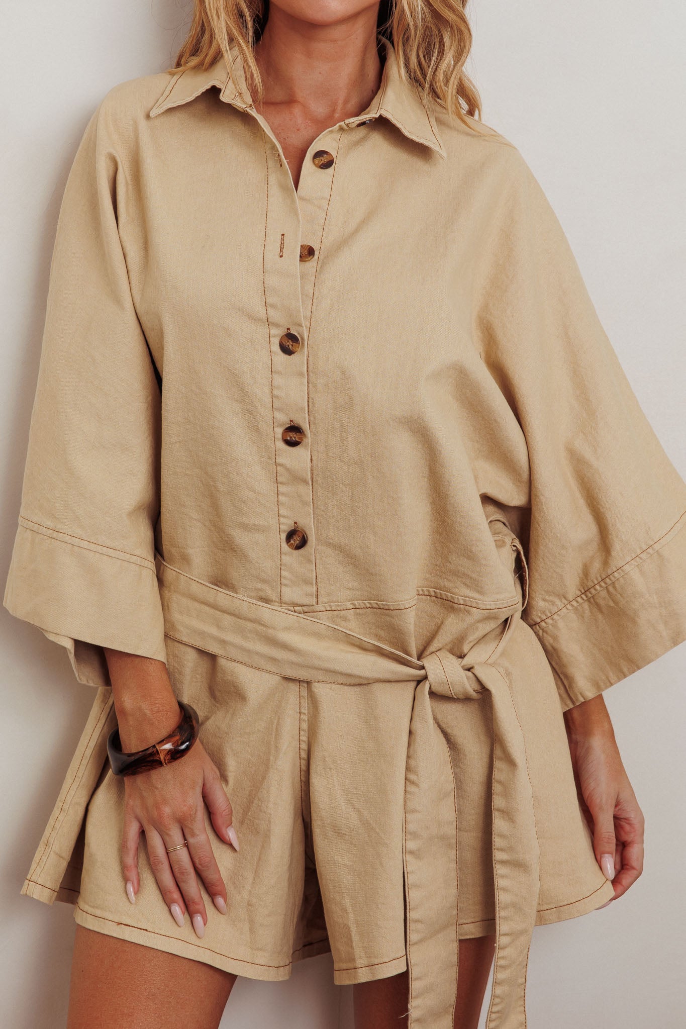 Daytona Beach Button-Up Romper Beige by Selfie Leslie Australia