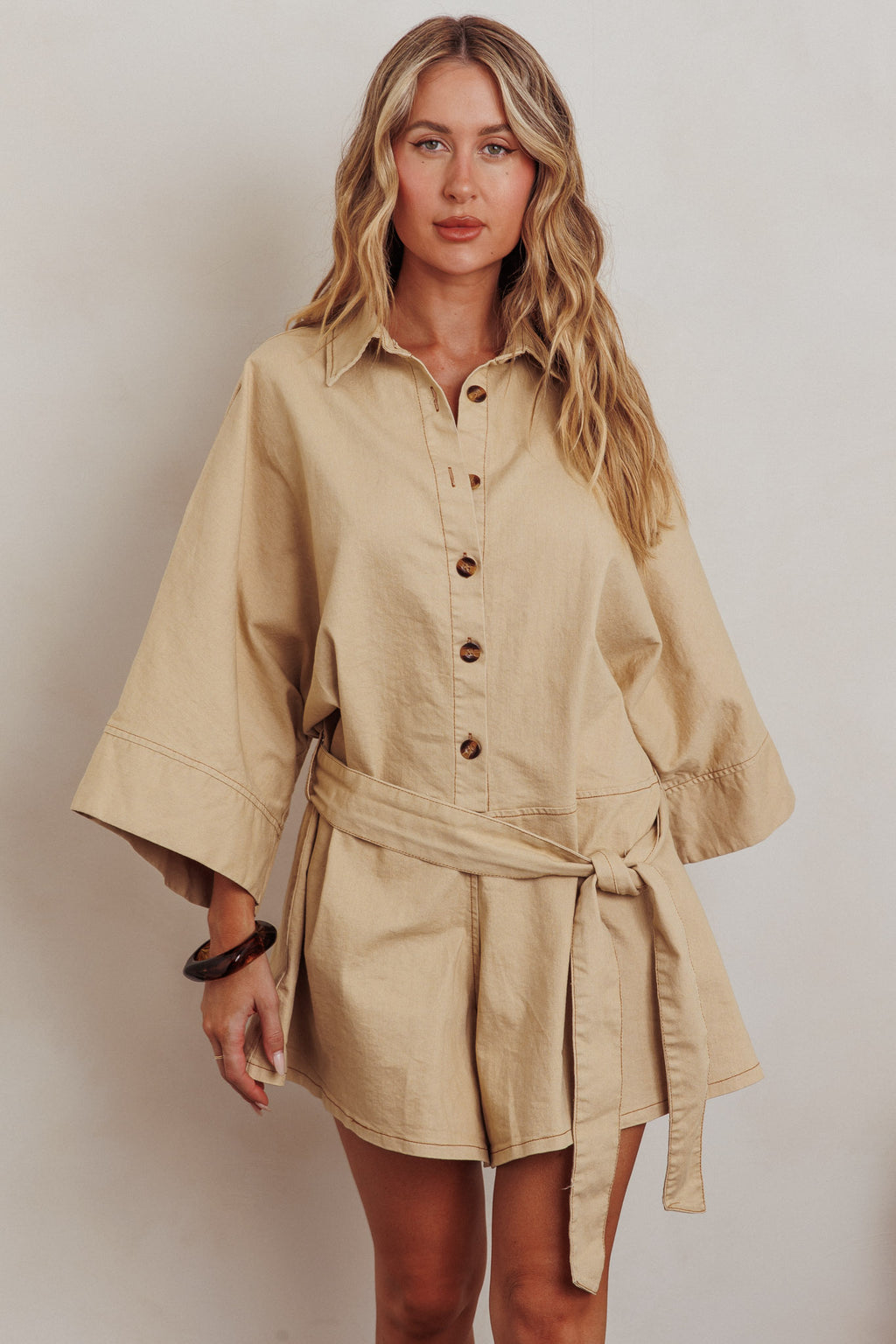 Daytona Beach Button-Up Romper Beige by Selfie Leslie Australia
