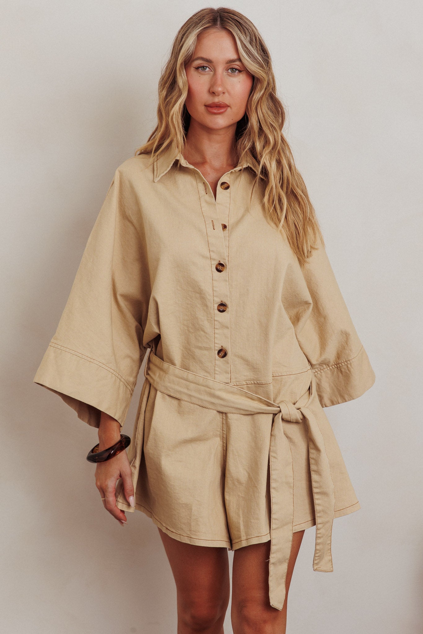 Daytona Beach Button-Up Romper Beige by Selfie Leslie Australia