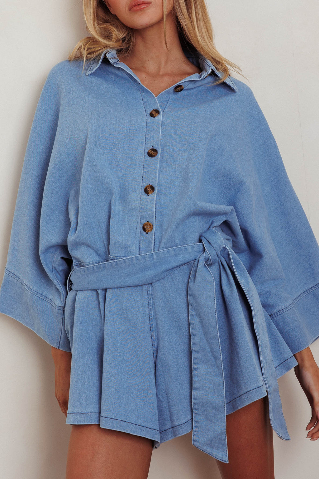 Daytona Beach Button-Up Romper Denim Blue by Selfie Leslie Australia