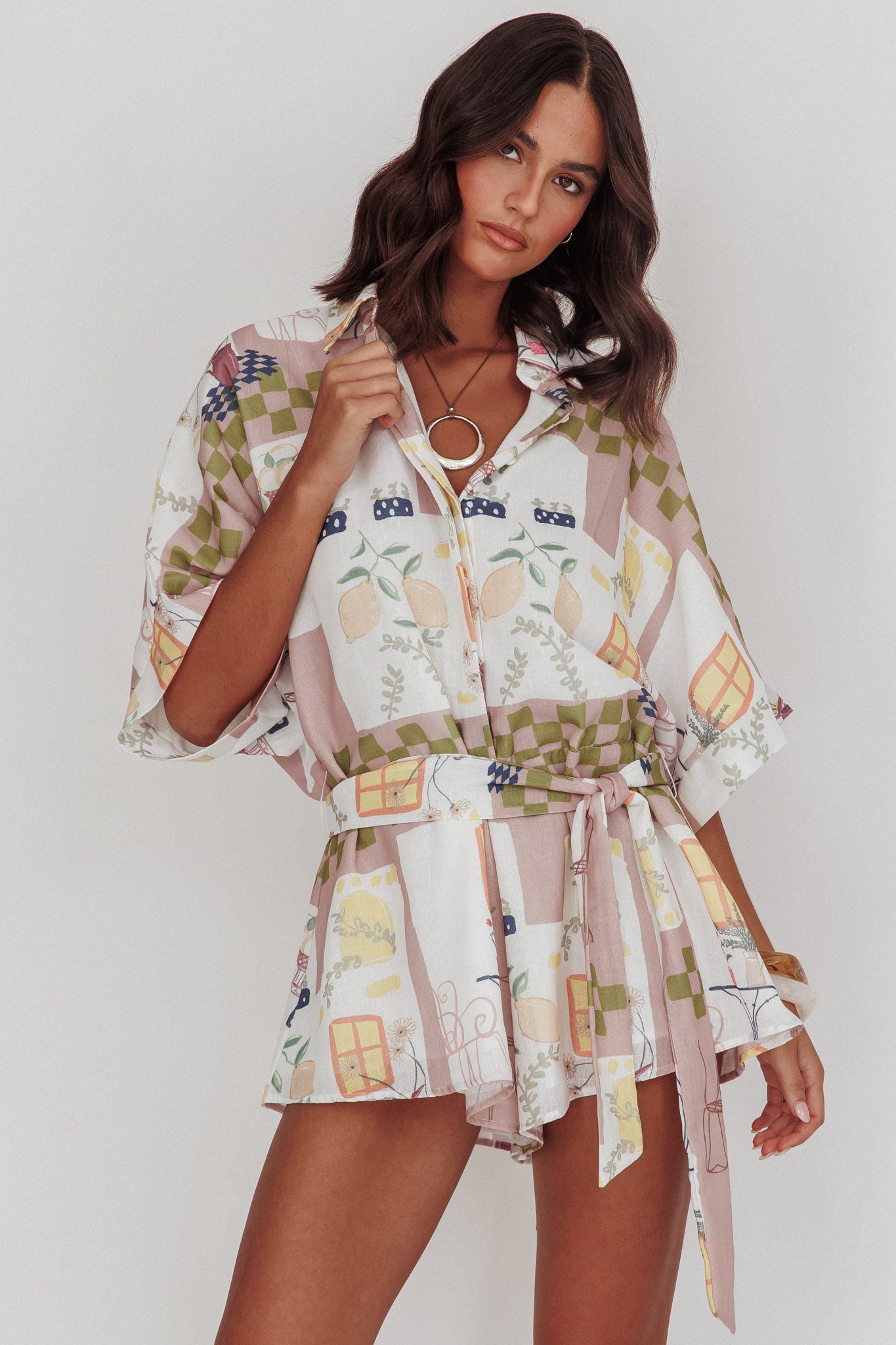Daytona Beach Button-Up Romper Euro Print Olive by Selfie Leslie Australia