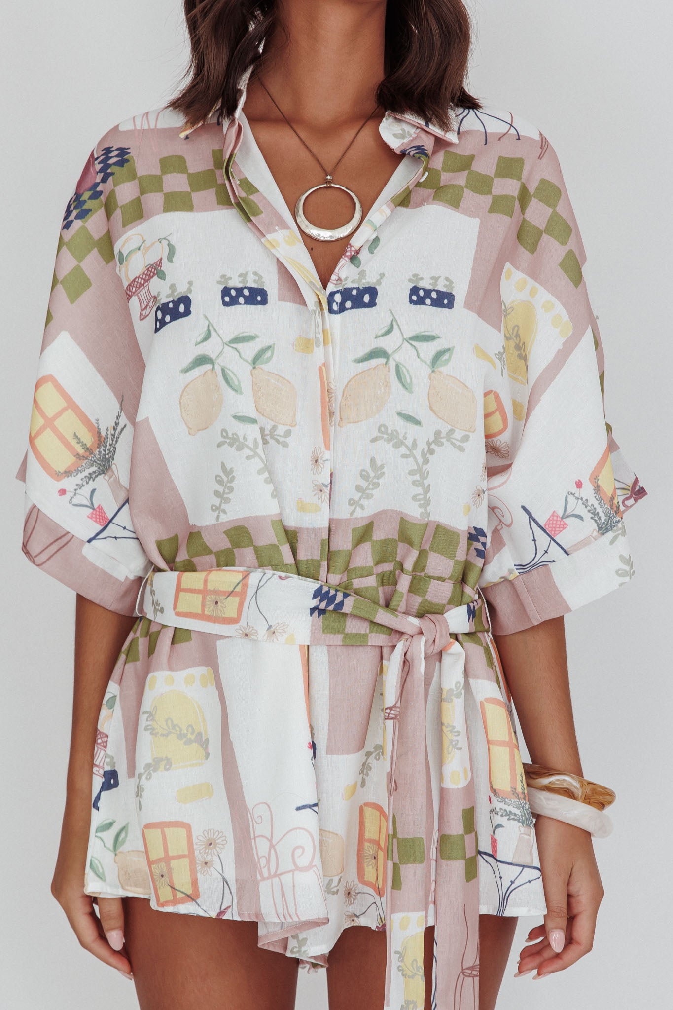 Daytona Beach Button-Up Romper Euro Print Olive by Selfie Leslie Australia