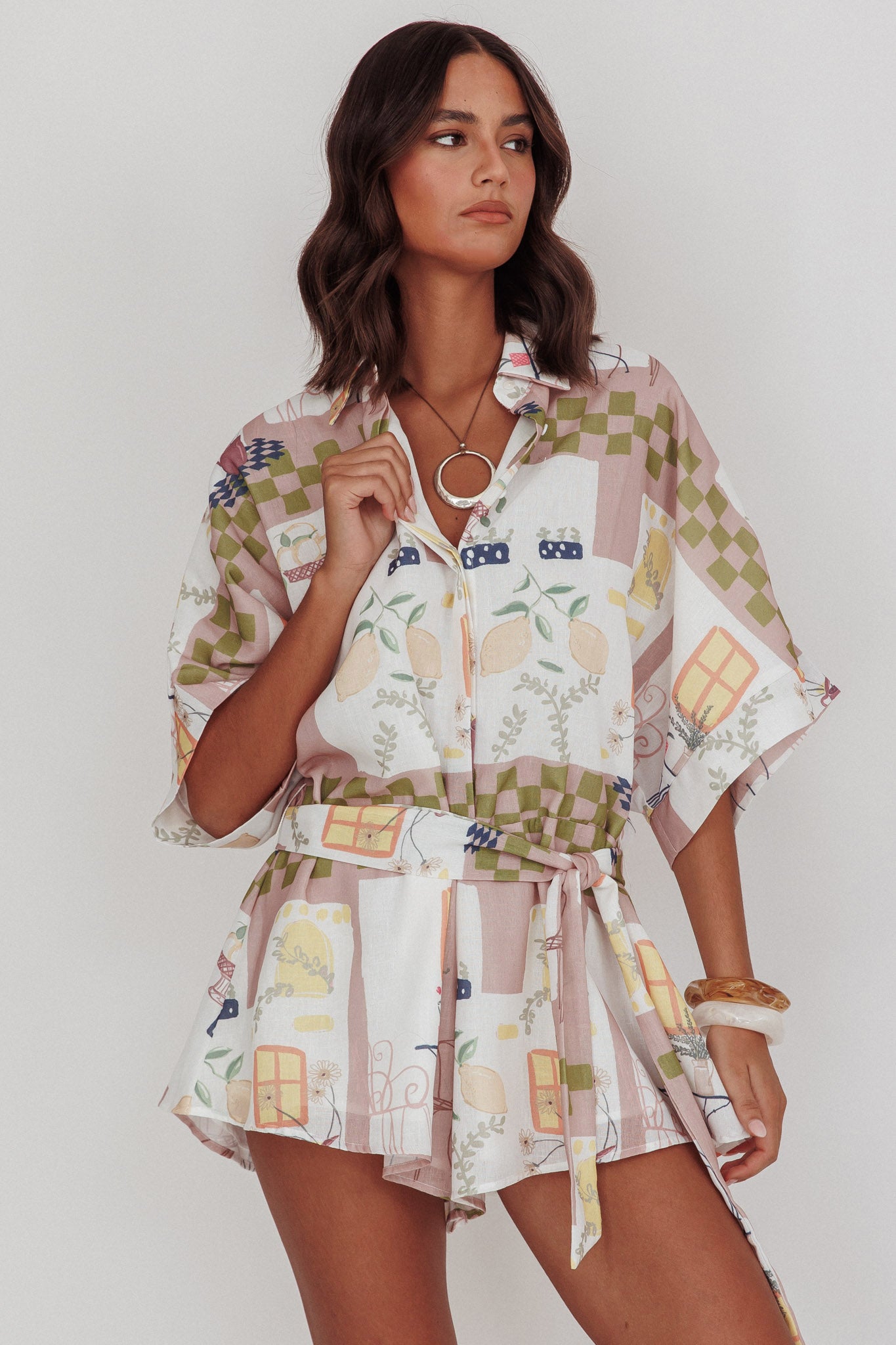 Daytona Beach Button-Up Romper Euro Print Olive by Selfie Leslie Australia