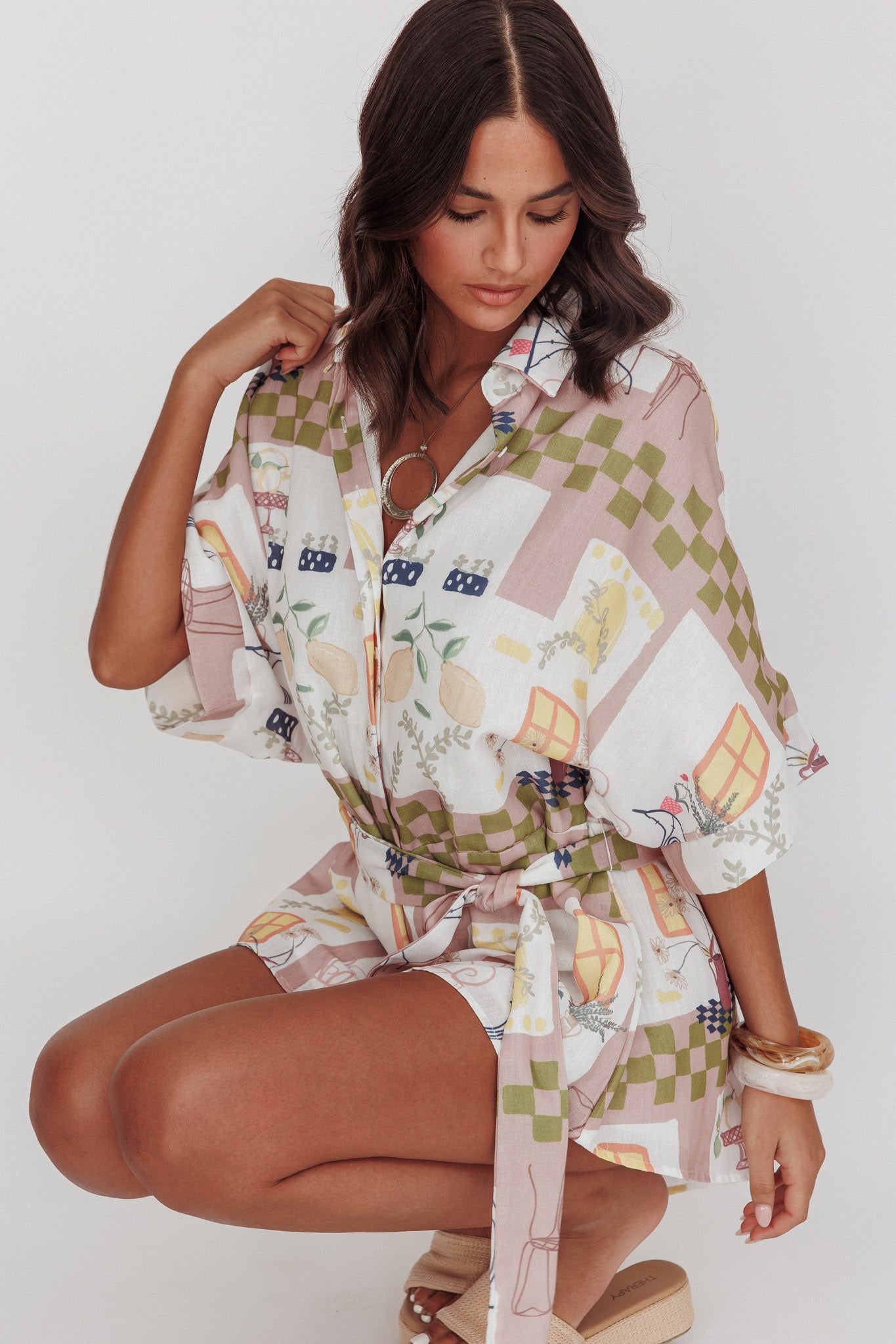 Daytona Beach Button-Up Romper Euro Print Olive by Selfie Leslie Australia