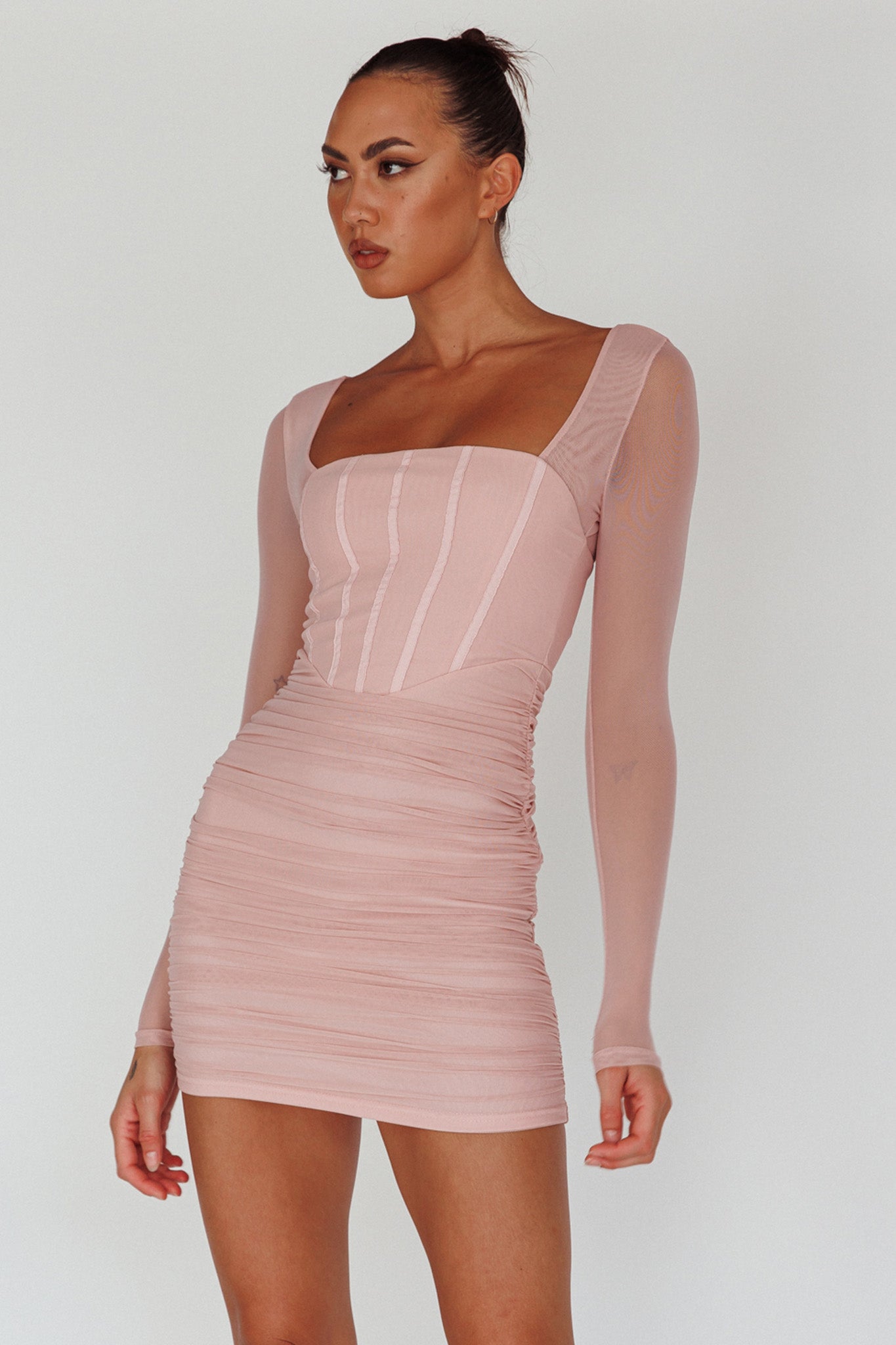 Dream Catcher Long Sleeve Ruched Mini Dress Blush by Selfie Leslie Australia