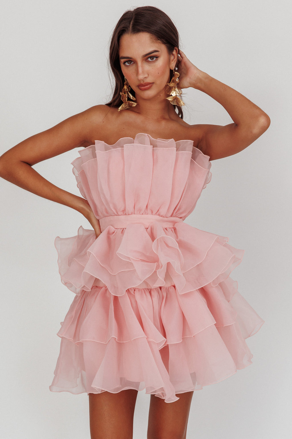 Bon Bon Tiered Chiffon Mini Dress Blush by Selfie Leslie Australia