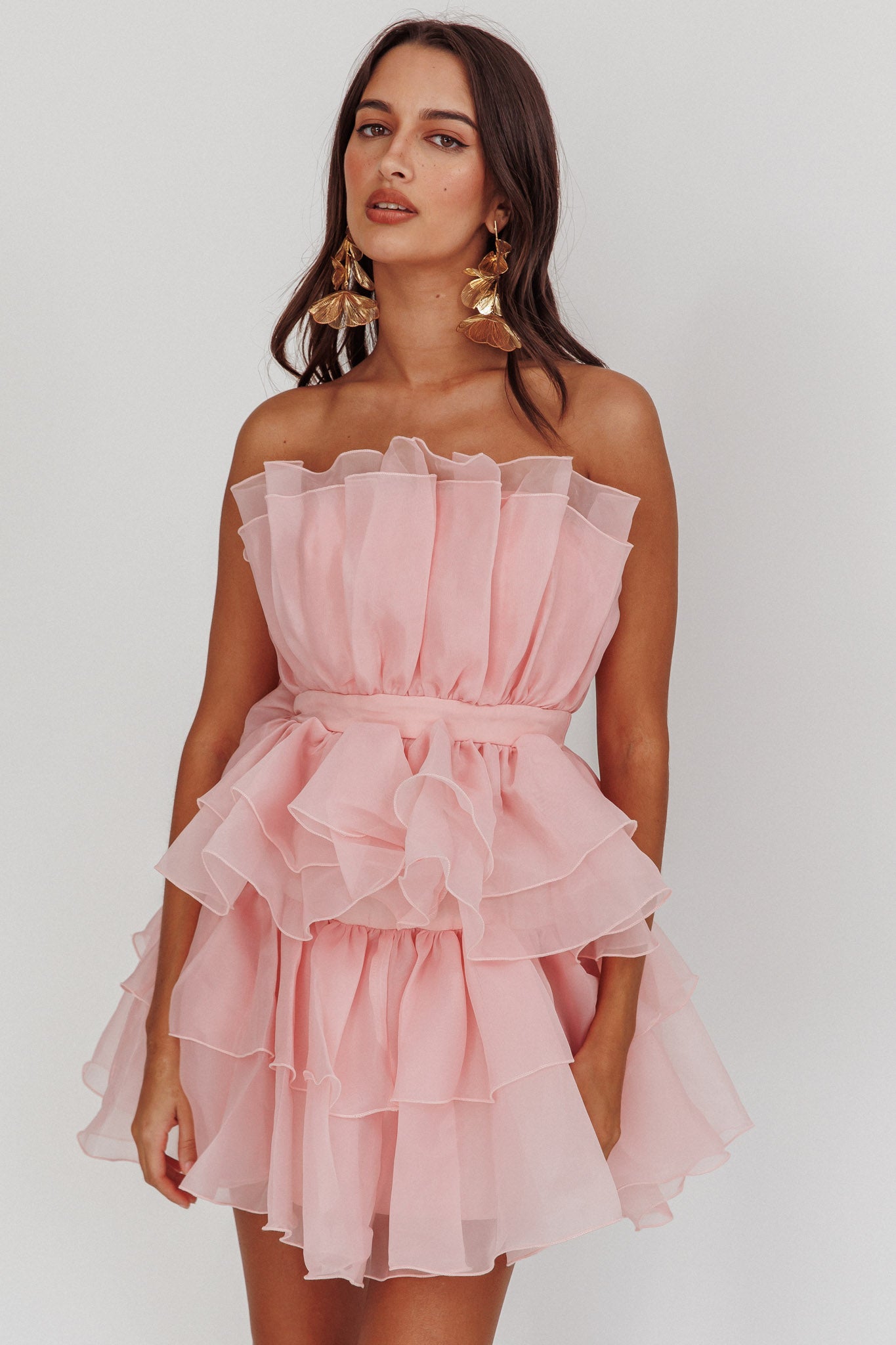 Bon Bon Tiered Chiffon Mini Dress Blush by Selfie Leslie Australia