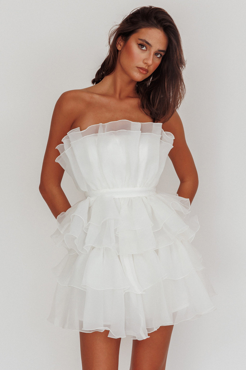 Bon Bon Tiered Organza Mini Dress White by Selfie Leslie Australia