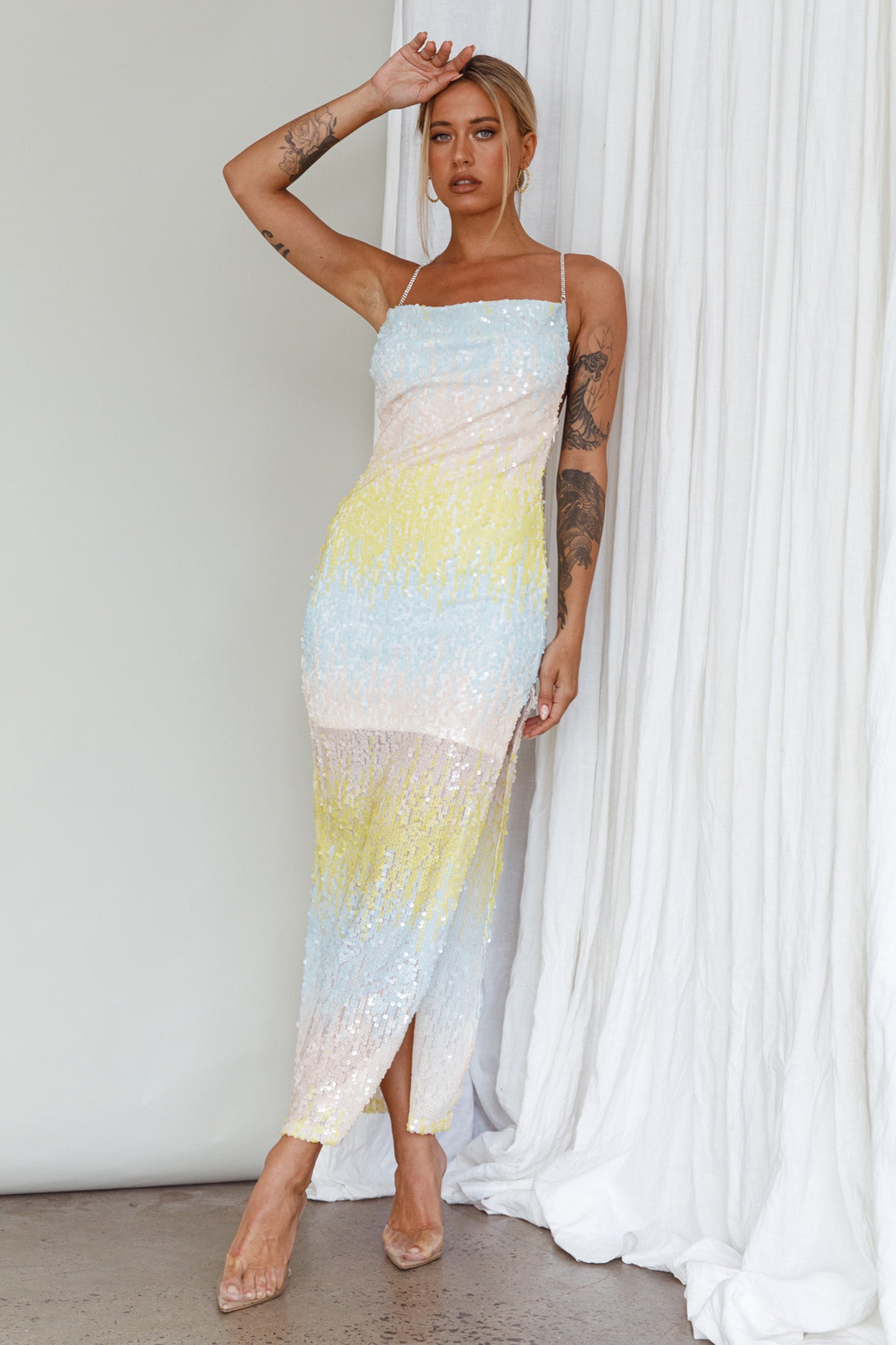 Gleaming Diamante Strap Midi Dress Sequin Lemon by Selfie Leslie Australia