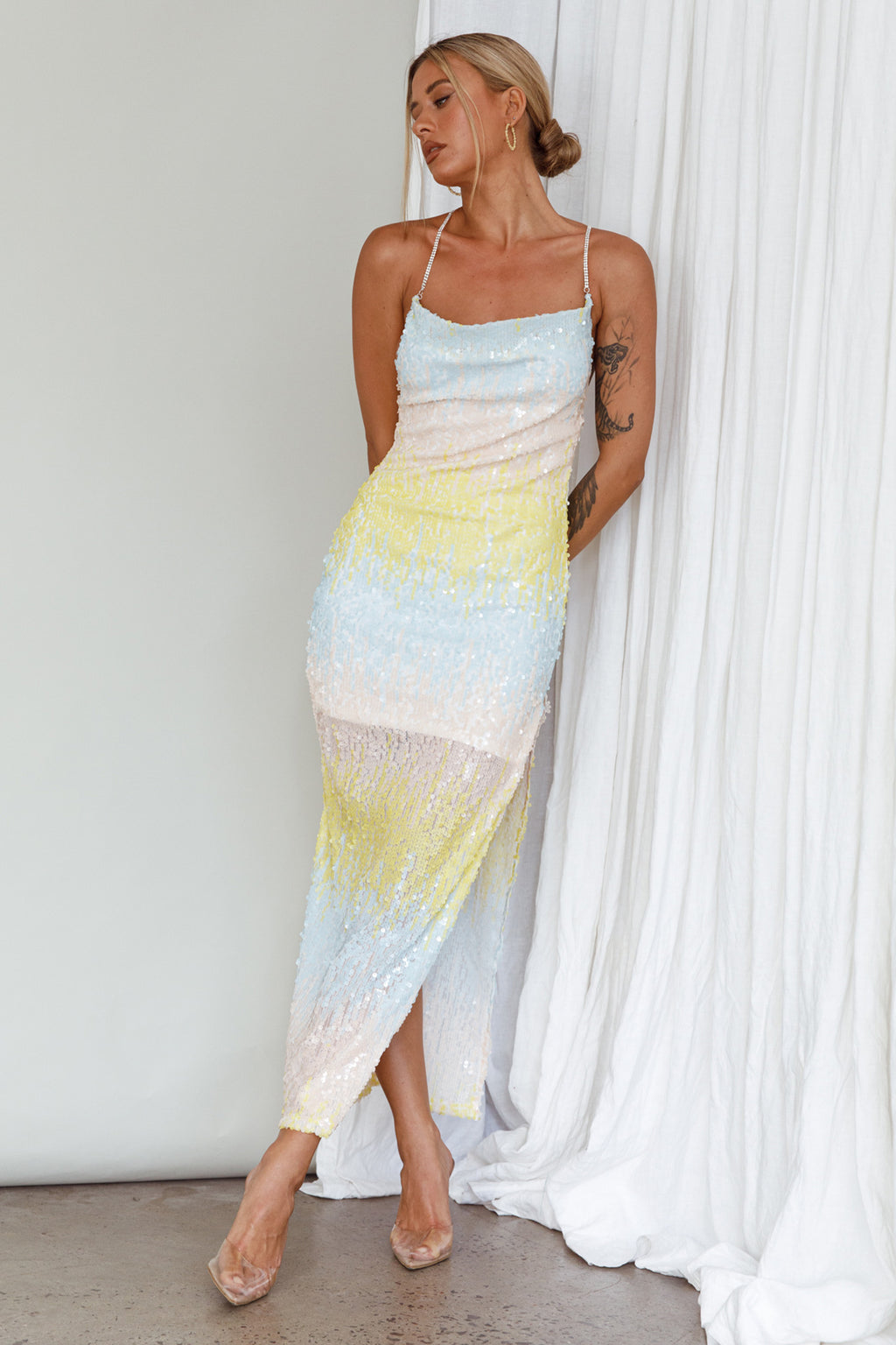 Gleaming Diamante Strap Midi Dress Sequin Lemon by Selfie Leslie Australia