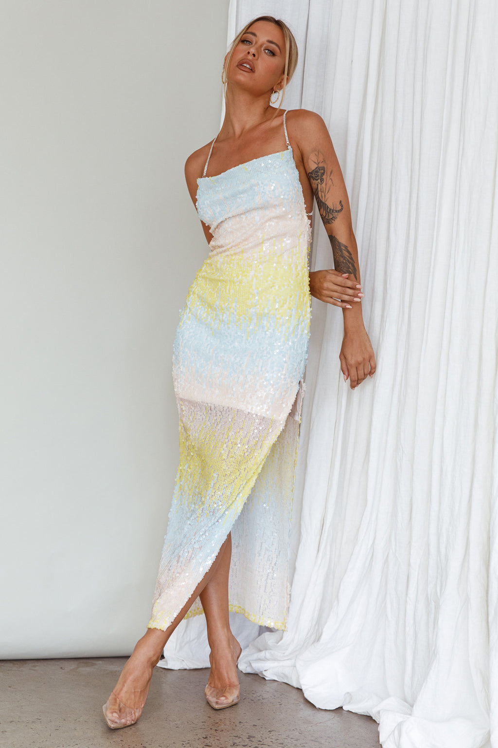 Gleaming Diamante Strap Midi Dress Sequin Lemon by Selfie Leslie Australia