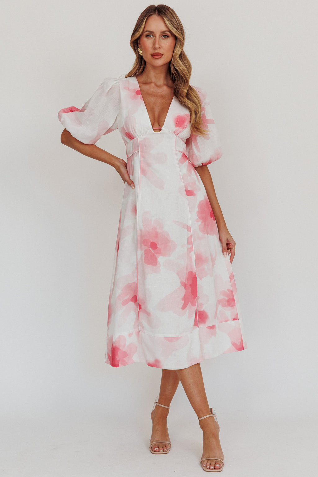 Elias Puff Sleeve Midi Dress Blush by Selfie Leslie Australia