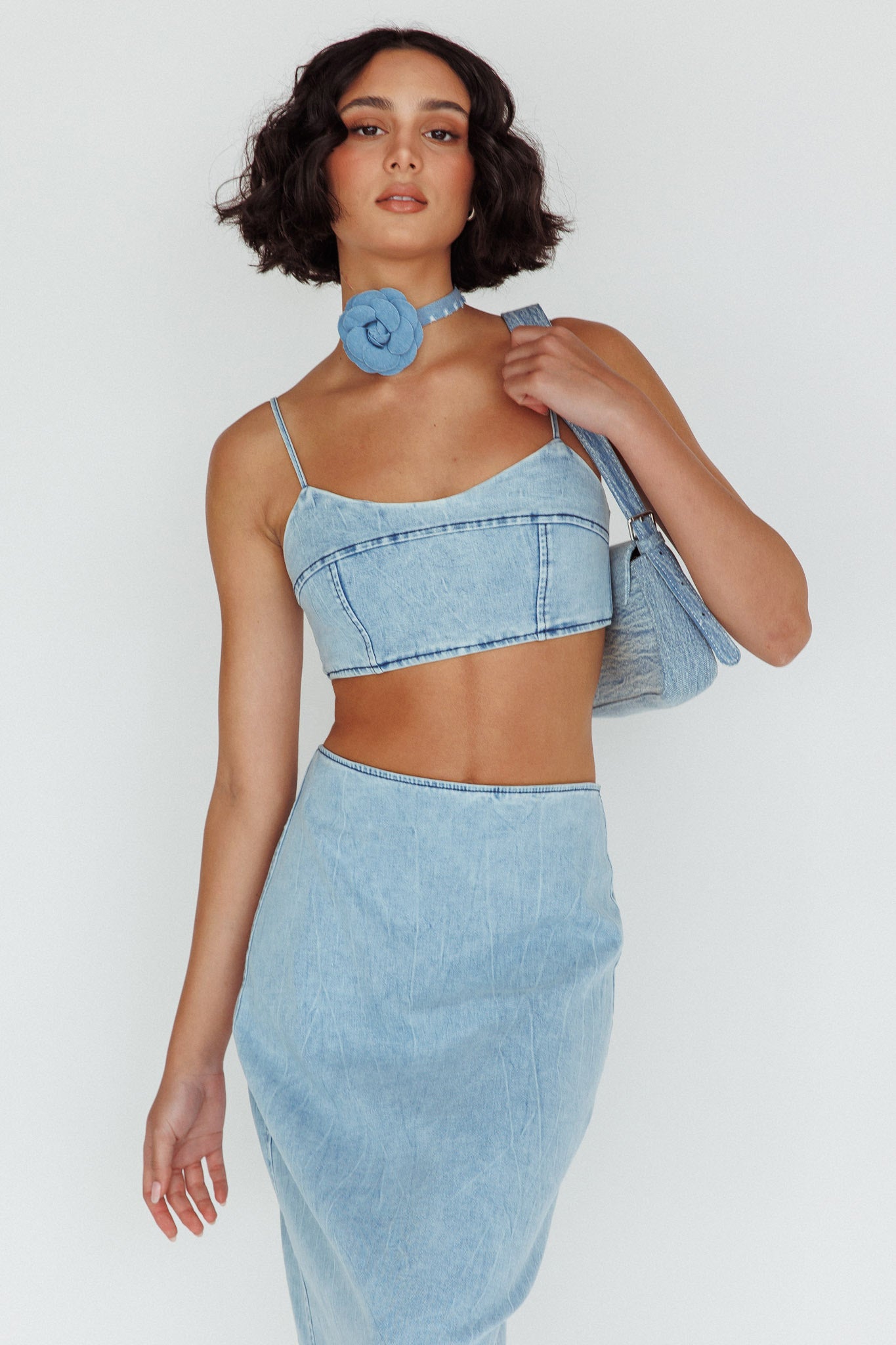 The Moment Cami Strap Crop Top Denim by Selfie Leslie Australia