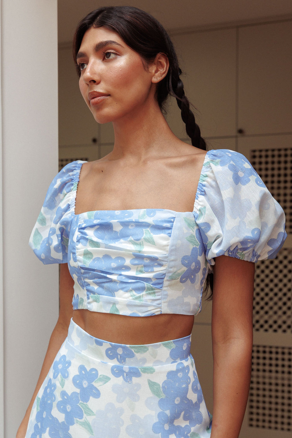 The Moment Puff Sleeve Crop Top Floral Blue by Selfie Leslie Australia