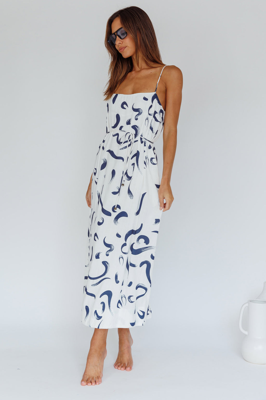 Rossy Waist Tie Midi Dress Printed Navy by Selfie Leslie Australia