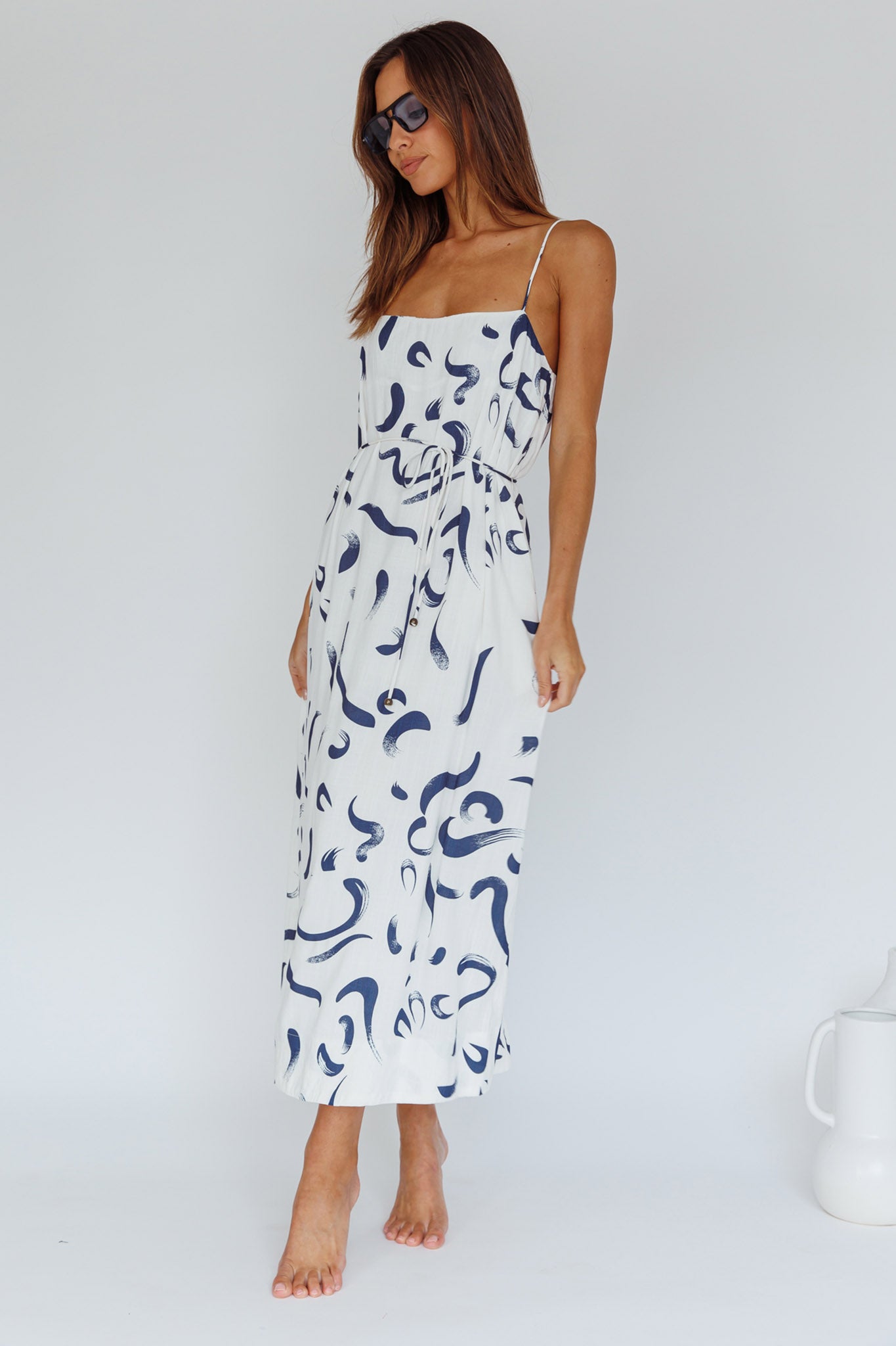 Rossy Waist Tie Midi Dress Printed Navy by Selfie Leslie Australia