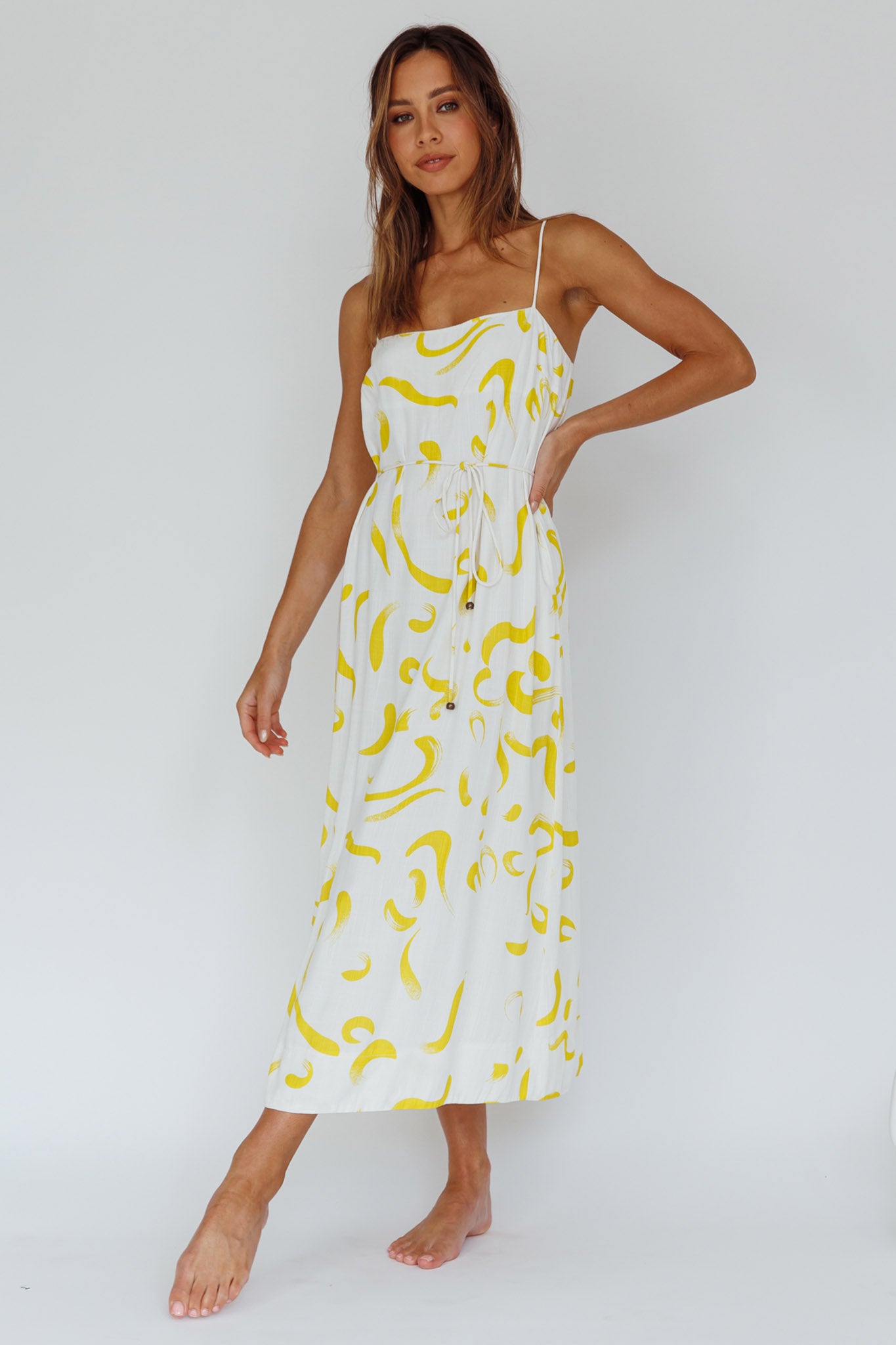 Rossy Waist Tie Midi Dress Printed Yellow by Selfie Leslie Australia