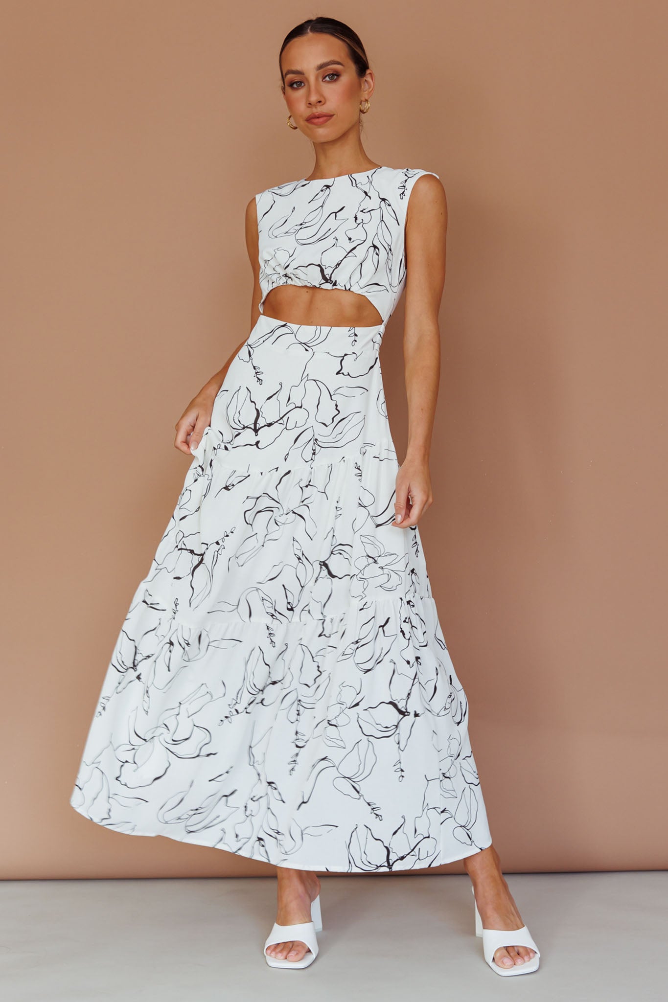 Shaniqua Cut-Out Sleeveless Midi Dress Print White by Selfie Leslie Australia