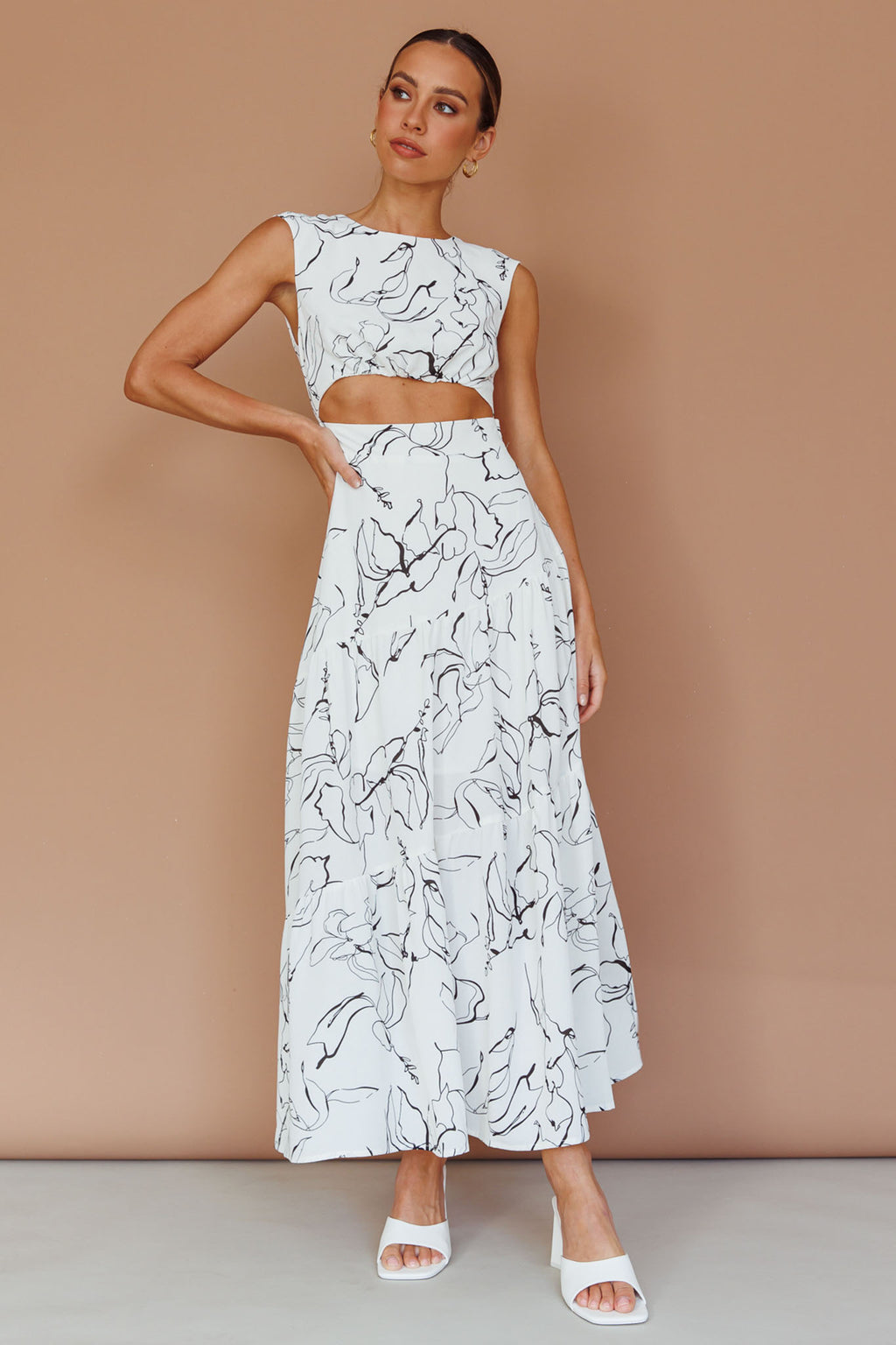 Shaniqua Cut-Out Sleeveless Midi Dress Print White by Selfie Leslie Australia