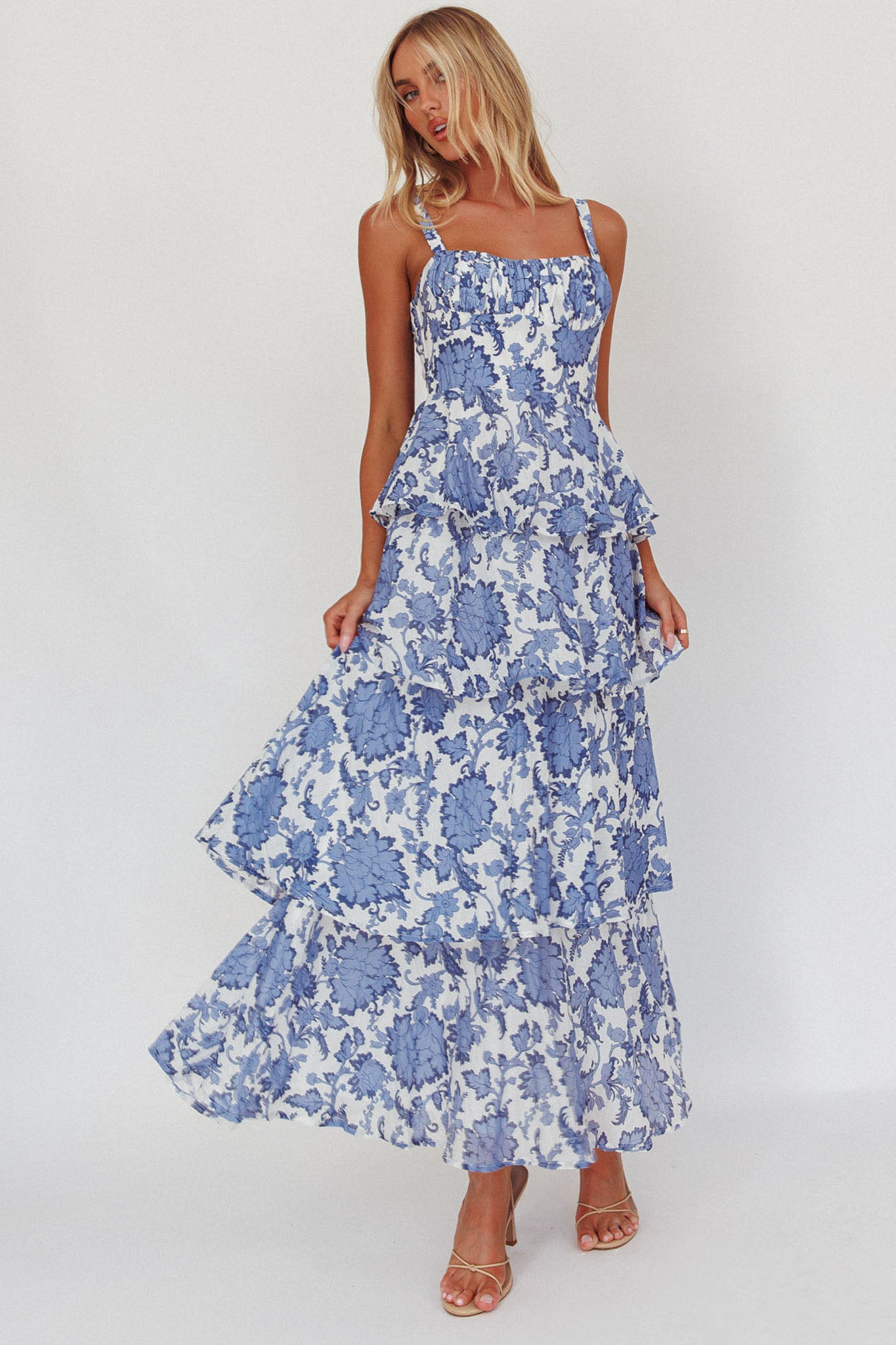 Provence Bloom Tiered Maxi Dress Floral Blue by Selfie Leslie Australia