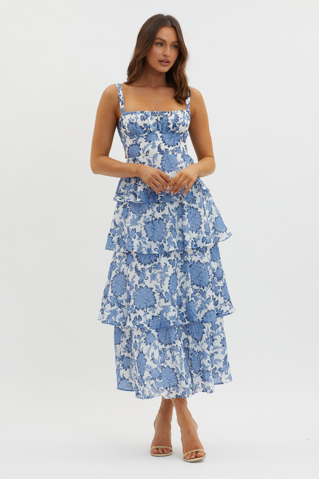 Provence Bloom Tiered Maxi Dress Floral Blue by Selfie Leslie Australia