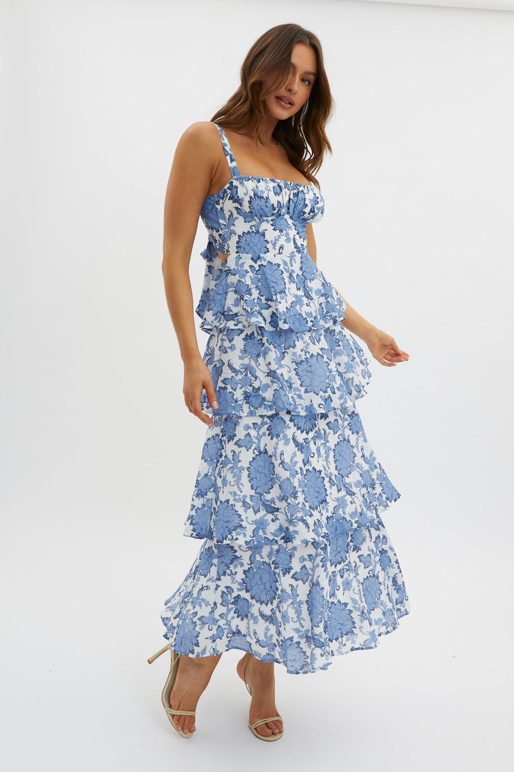 Provence Bloom Tiered Maxi Dress Floral Blue by Selfie Leslie Australia