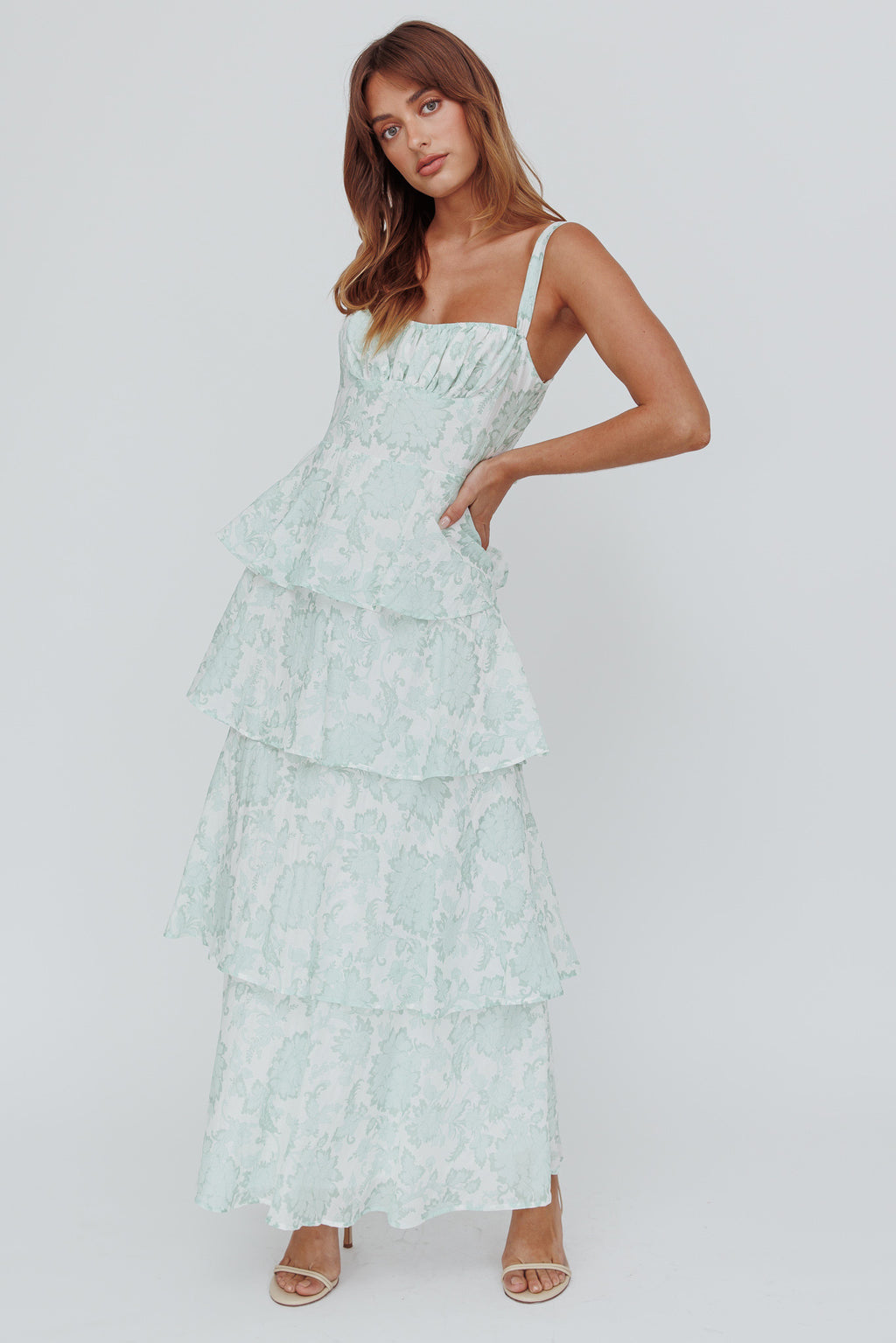 Provence Bloom Tiered Maxi Dress Floral Sage by Selfie Leslie Australia