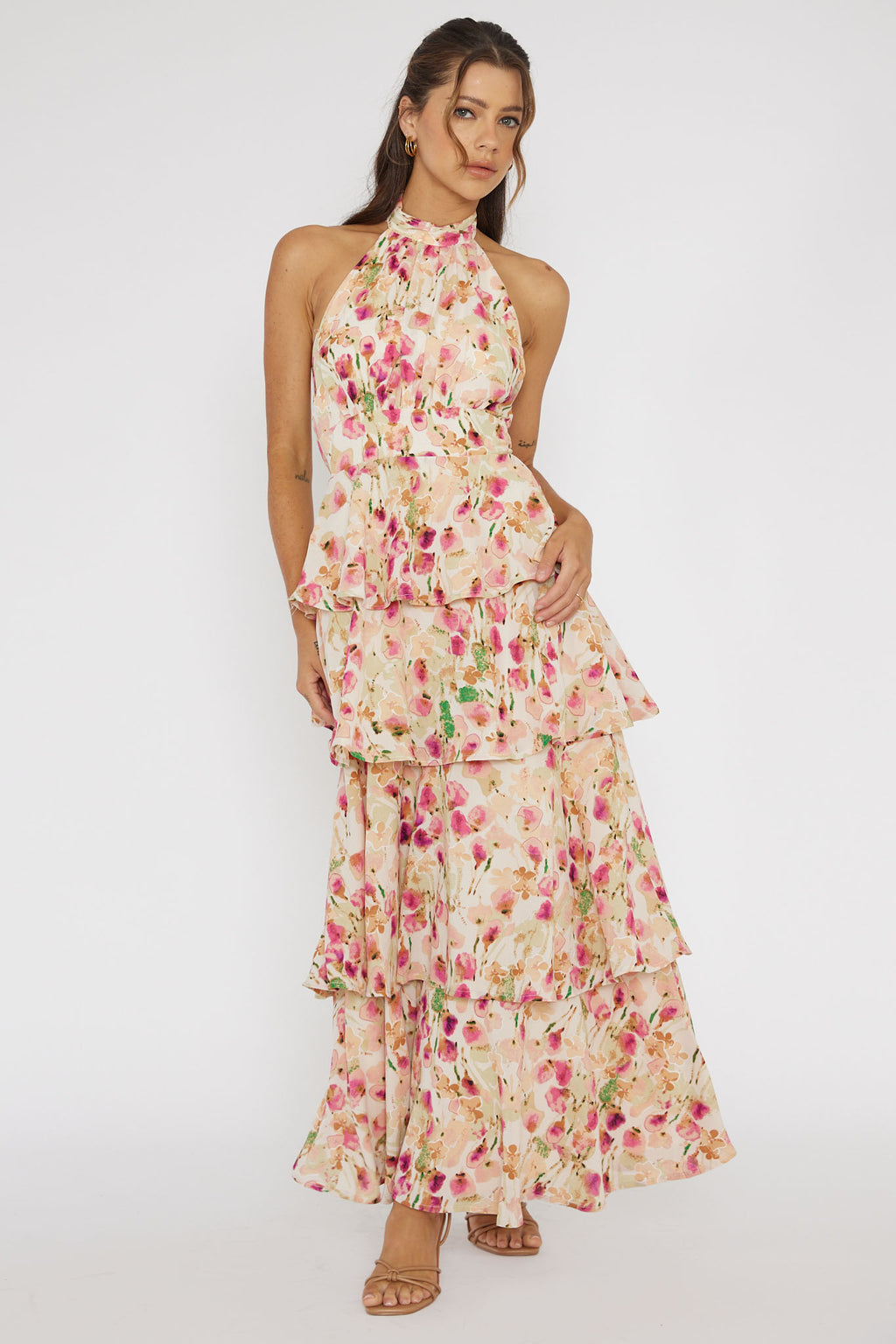 Provence Bloom Tiered Halterneck Dress Pink by Selfie Leslie Australia