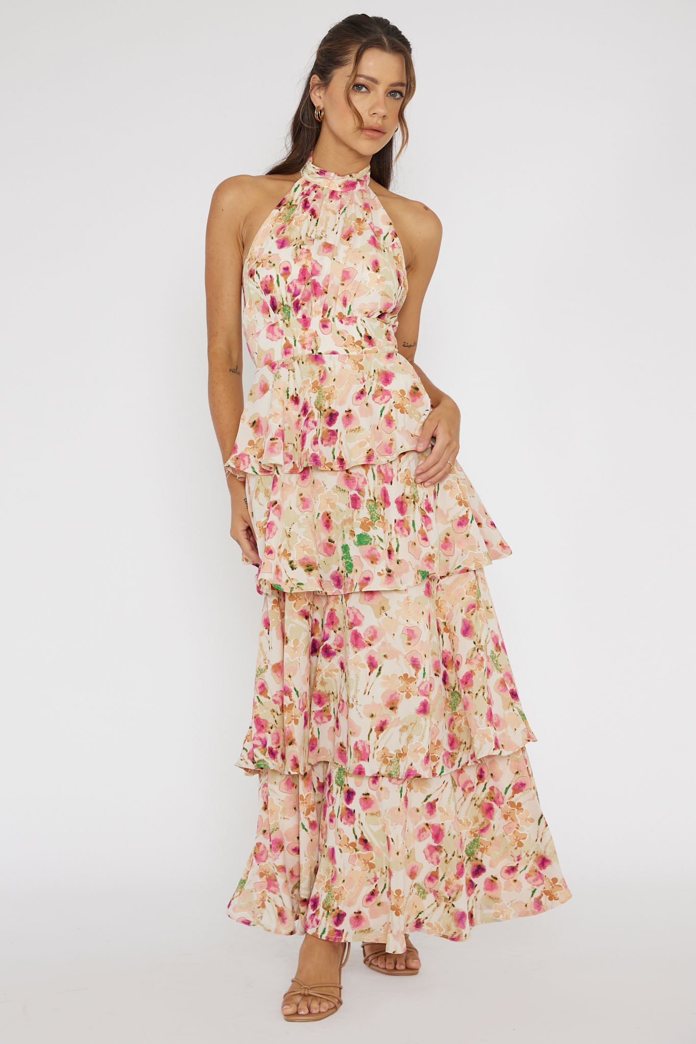 Provence Bloom Tiered Halterneck Dress Pink by Selfie Leslie Australia
