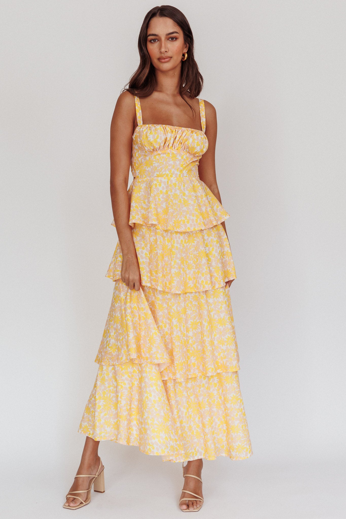 Provence Bloom Tiered Ruffle Floral Maxi Dress Yellow by Selfie Leslie Australia