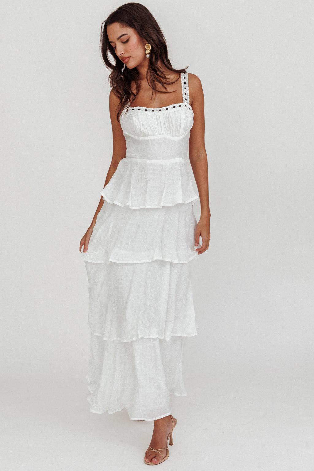 Provence Bloom Tiered Ruffle Maxi Dress White by Selfie Leslie Australia