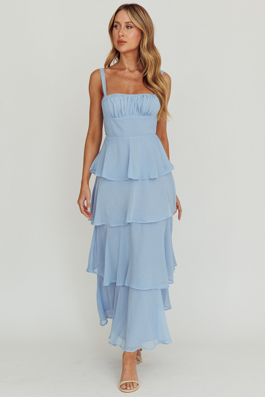 Provence Bloom Tiered Ruffle Maxi Dress Sky Blue by Selfie Leslie Australia