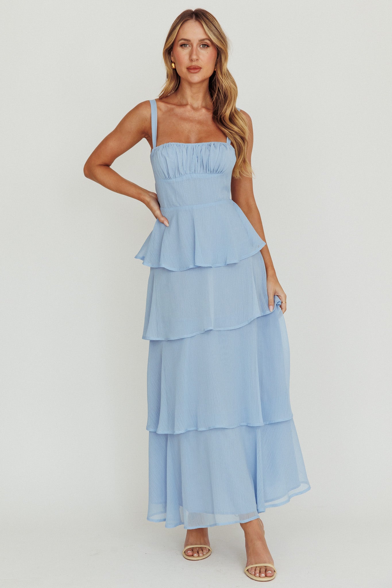 Provence Bloom Tiered Ruffle Maxi Dress Sky Blue by Selfie Leslie Australia
