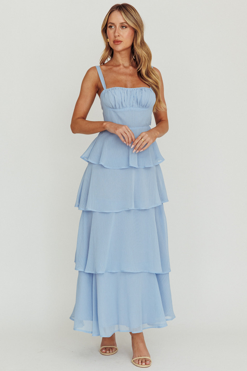 Provence Bloom Tiered Ruffle Maxi Dress Sky Blue by Selfie Leslie Australia