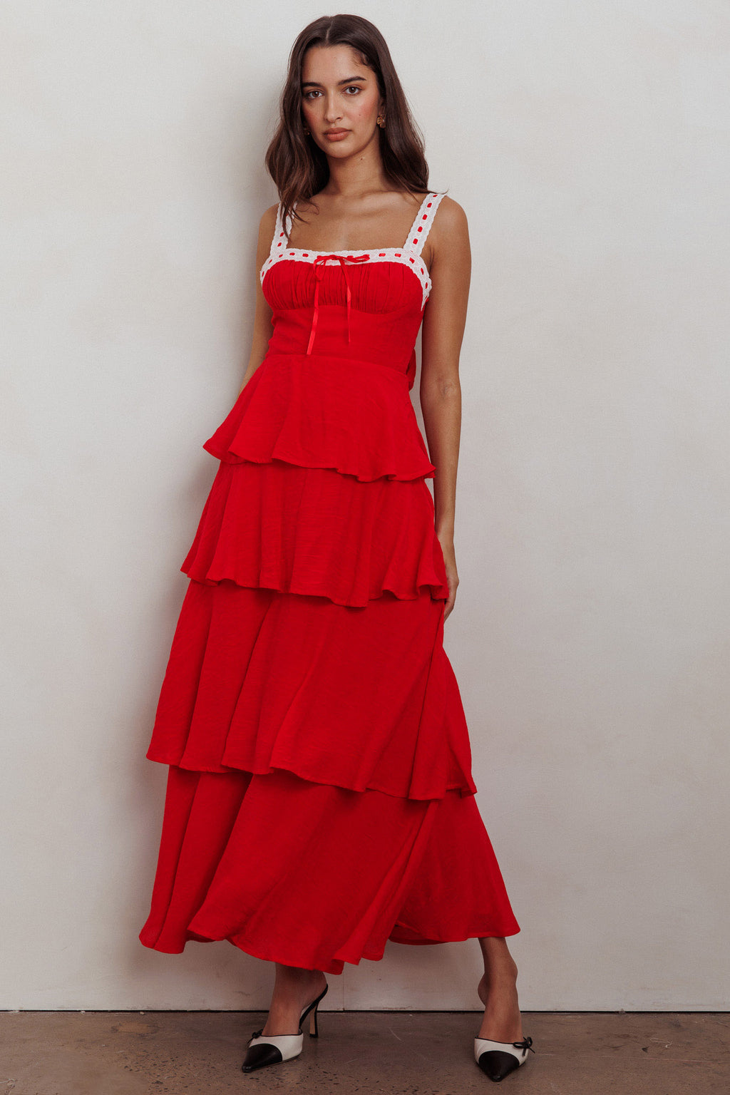 Provence Bloom Tiered Ruffle Maxi Dress Red by Selfie Leslie Australia