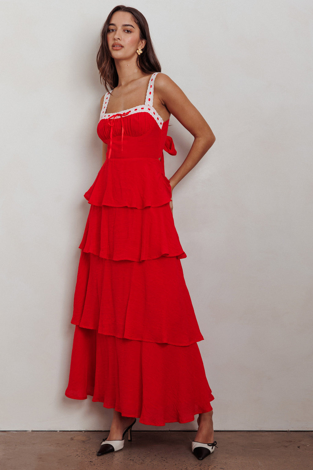 Provence Bloom Tiered Ruffle Maxi Dress Red by Selfie Leslie Australia