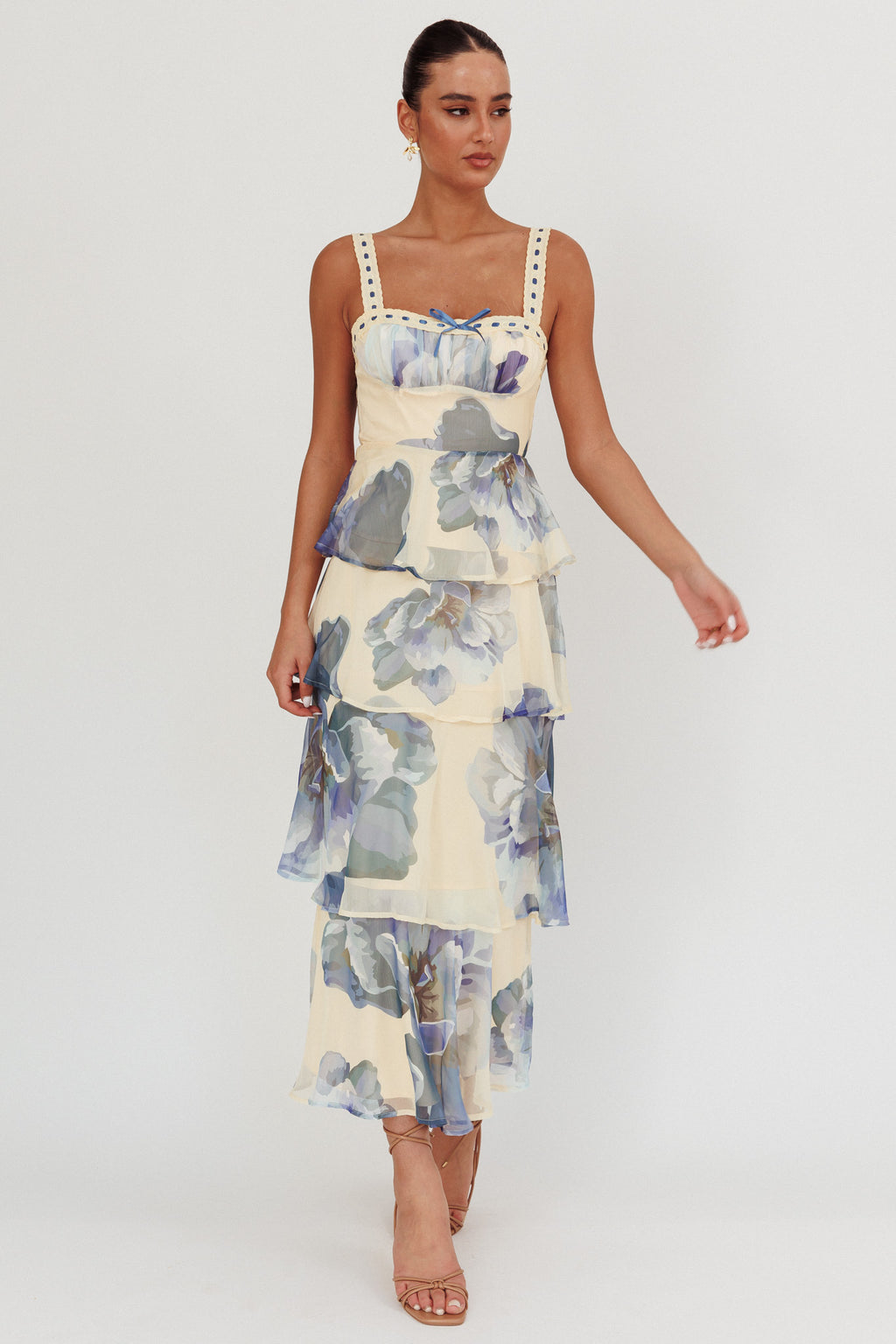 Provence Bloom Tiered Ruffle Maxi Dress Beige/Blue by Selfie Leslie Australia
