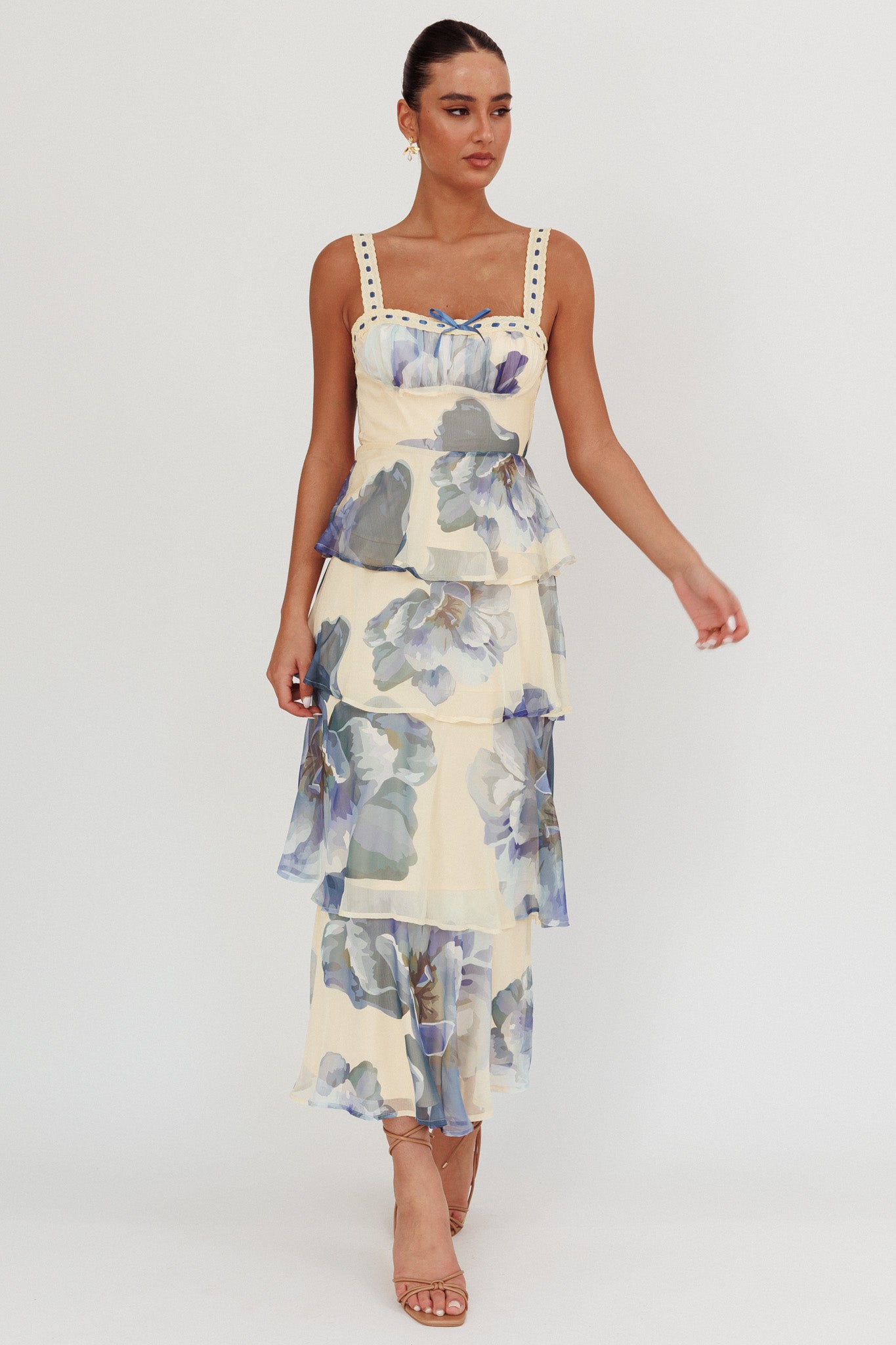 Provence Bloom Tiered Ruffle Maxi Dress Beige/Blue by Selfie Leslie Australia