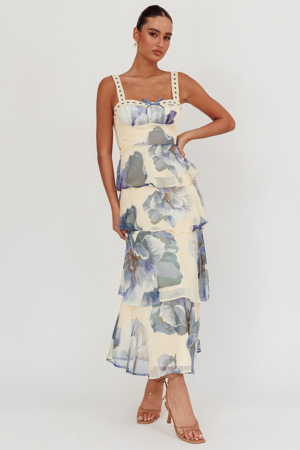 Provence Bloom Tiered Ruffle Maxi Dress Beige/Blue by Selfie Leslie Australia